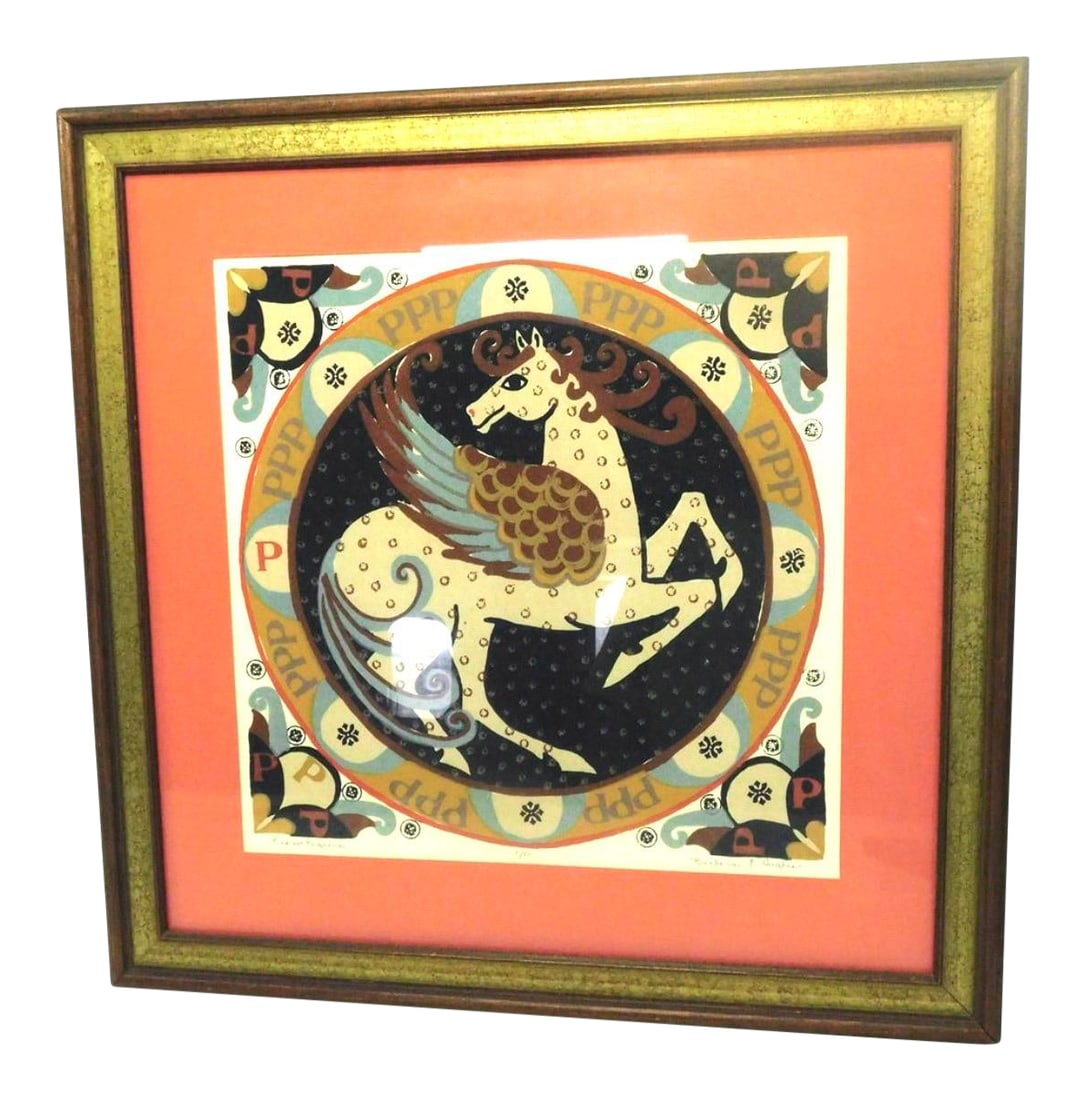 Barbara F. Hughes "P Is for Pegasus" Framed Signed Print 1/50: (peg' e ses) [ L. < Gr. Peg a sos] 1. Gr. Myth, a winged horse which sprang from the body of Medusa at her death: a stamp of his hoof caused Hippocrene, the fountain of the Muses, to issue from Mount 