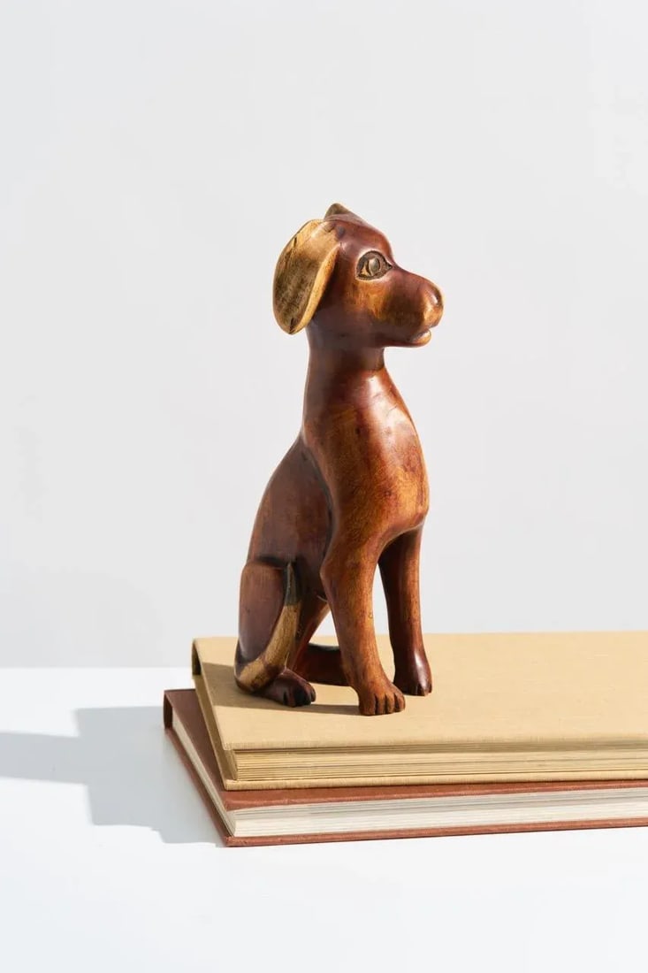 Mid-Century Folk Art Carved Wood Puppy Dog Sculpture, Signed - 10