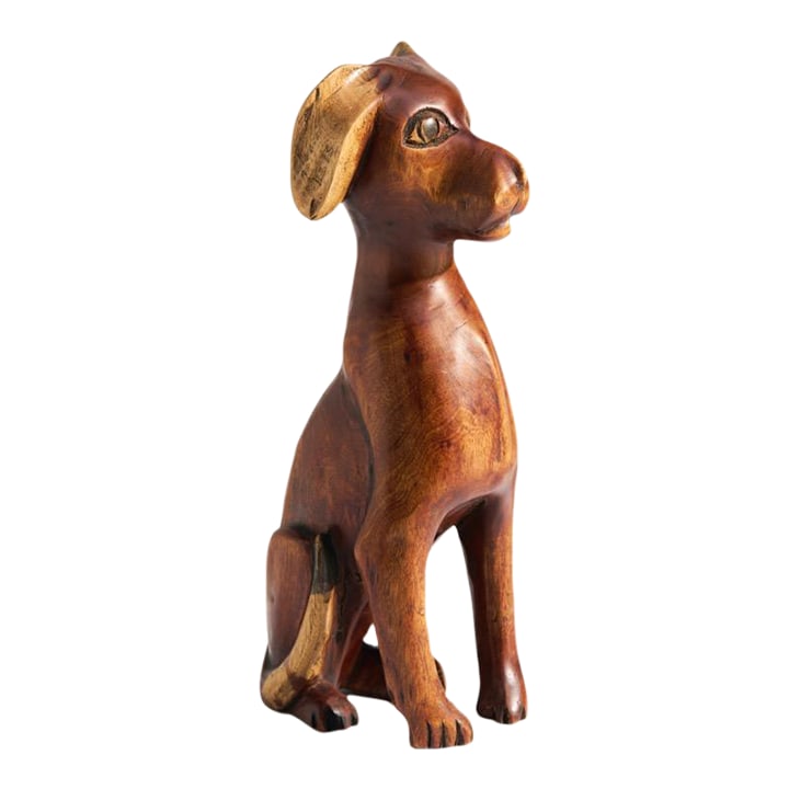 Mid-Century Folk Art Carved Wood Puppy Dog Sculpture, Signed: Charming hand-carved dog sculpture, crafted from solid wood and signed by the artist "Jud" on the base. The stylized form captures a sitting brown pup with wide-set eyes and long floppy ears,
