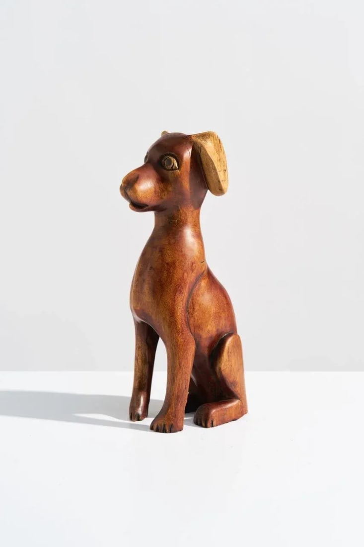 Mid-Century Folk Art Carved Wood Puppy Dog Sculpture, Signed - 2