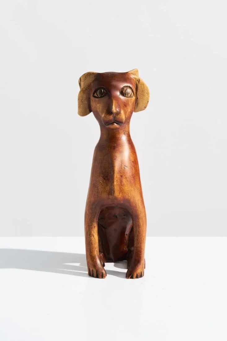 Mid-Century Folk Art Carved Wood Puppy Dog Sculpture, Signed - 3
