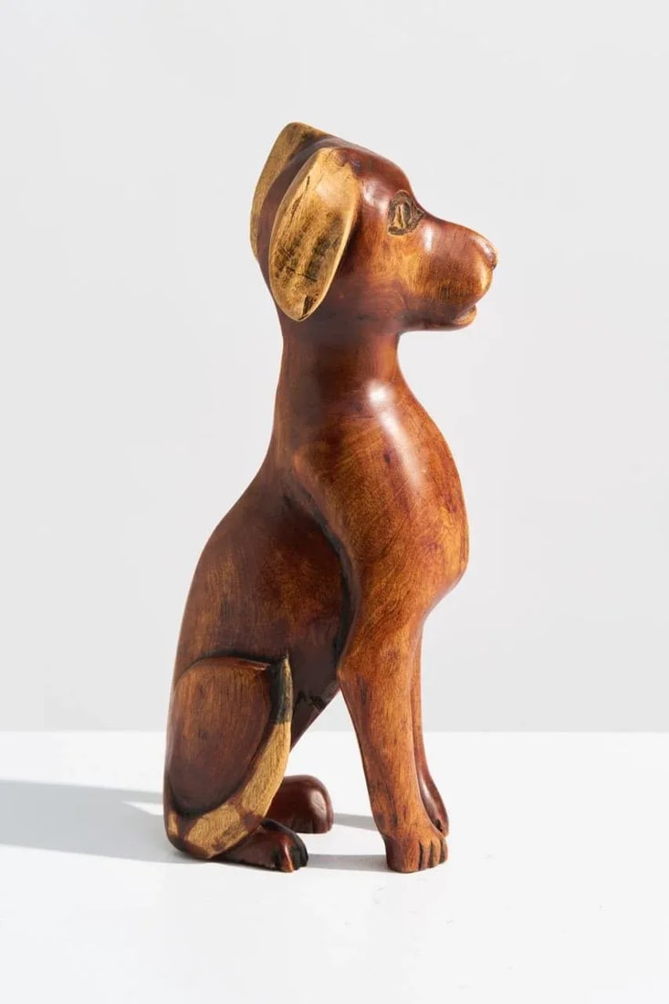 Mid-Century Folk Art Carved Wood Puppy Dog Sculpture, Signed - 5
