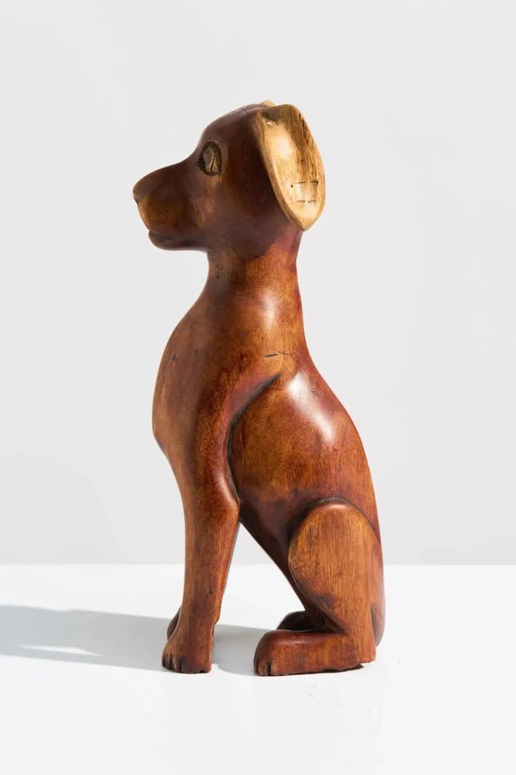 Mid-Century Folk Art Carved Wood Puppy Dog Sculpture, Signed - 6