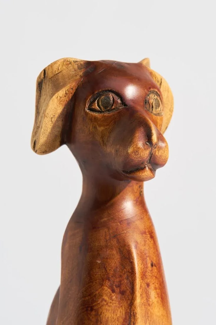Mid-Century Folk Art Carved Wood Puppy Dog Sculpture, Signed - 7