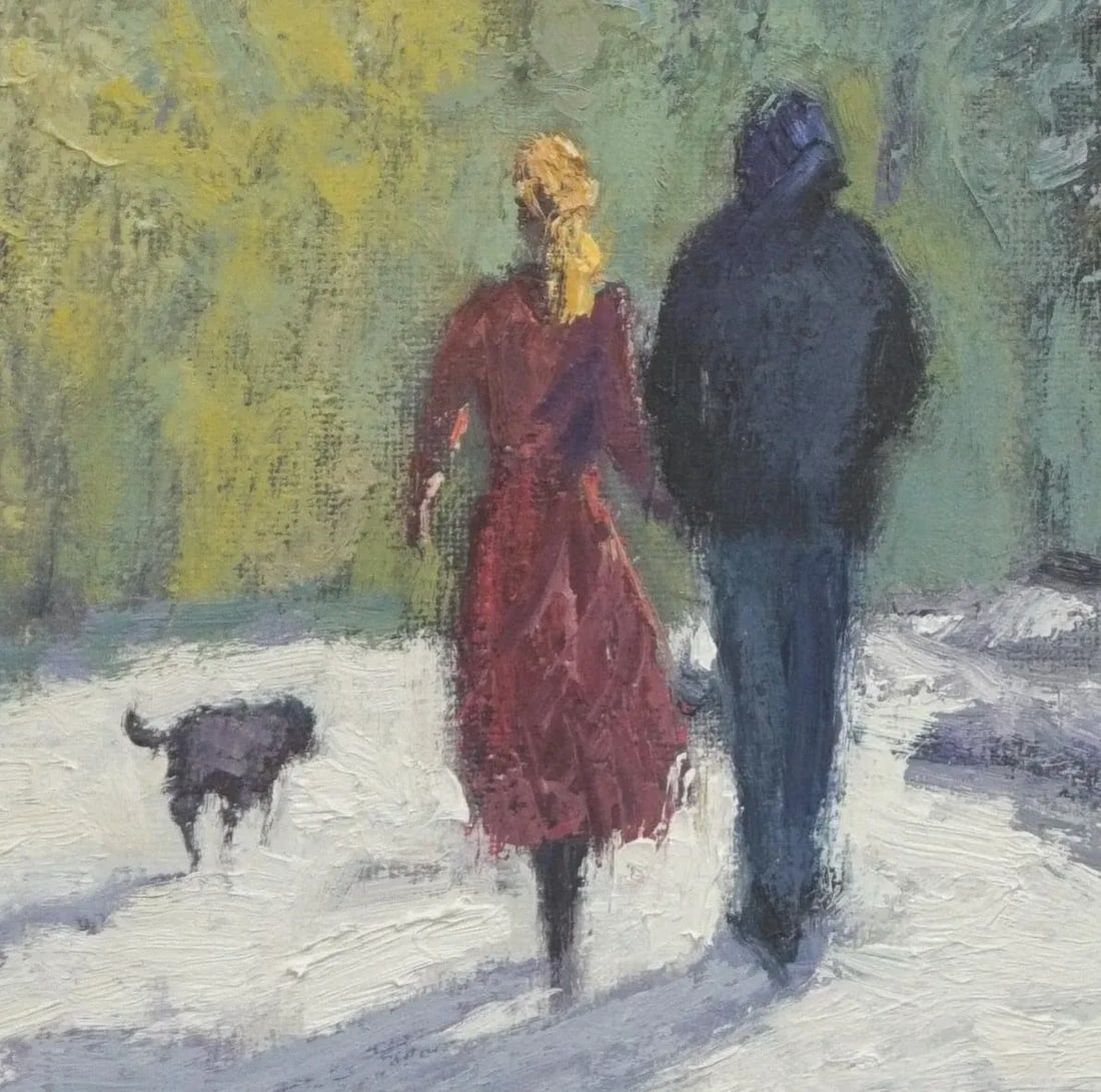 Original Impressionist Oil Painting, Walking After the Snow - 2