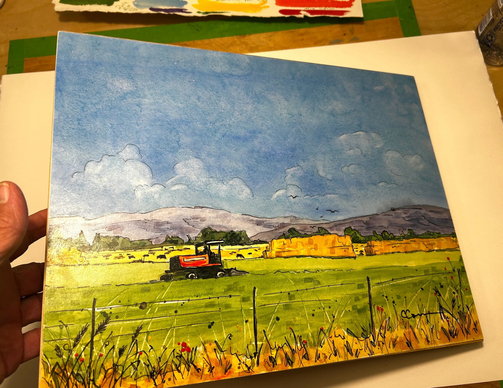 Original Watercolor Painting on Birch Board Rural Farm Scene - 4