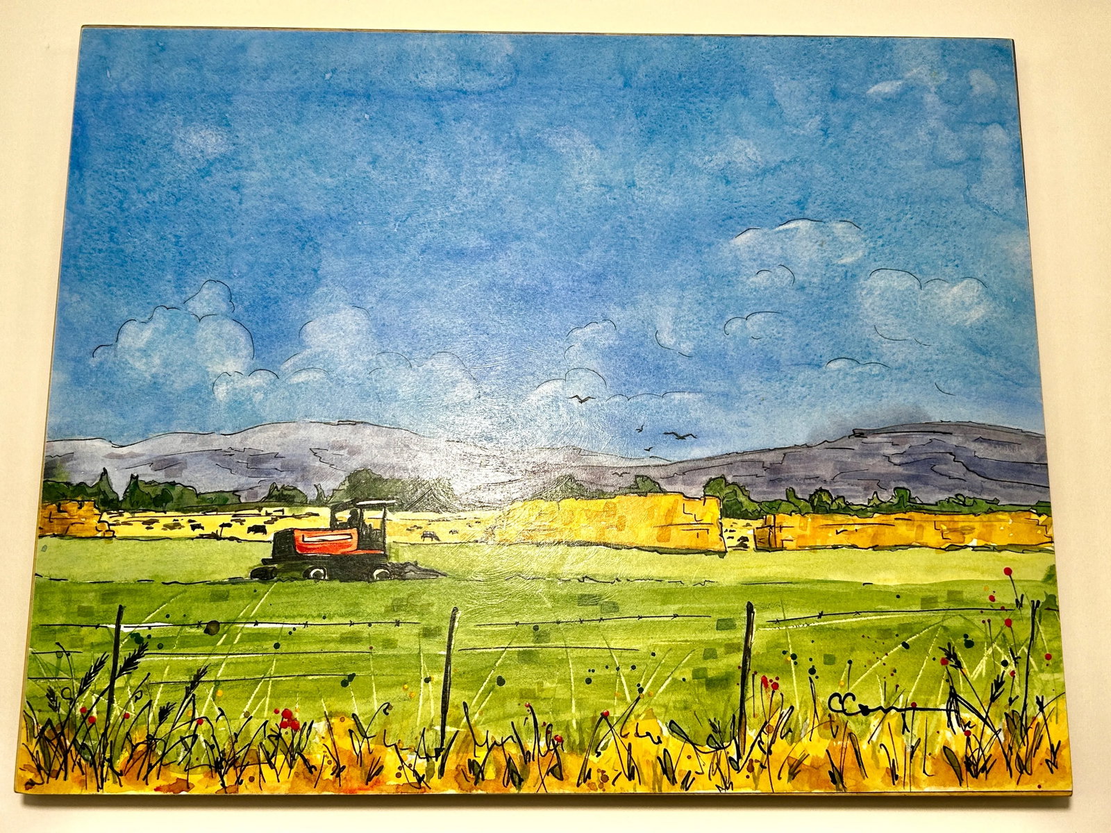 Original Watercolor Painting on Birch Board Rural Farm Scene - 5