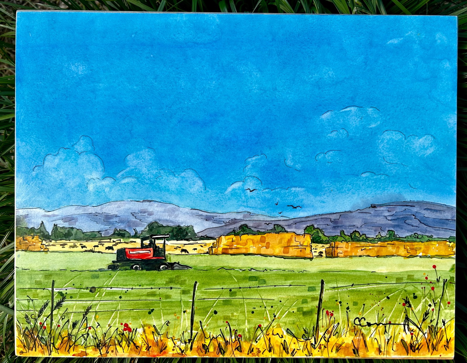 Original Watercolor Painting on Birch Board Rural Farm Scene - 6