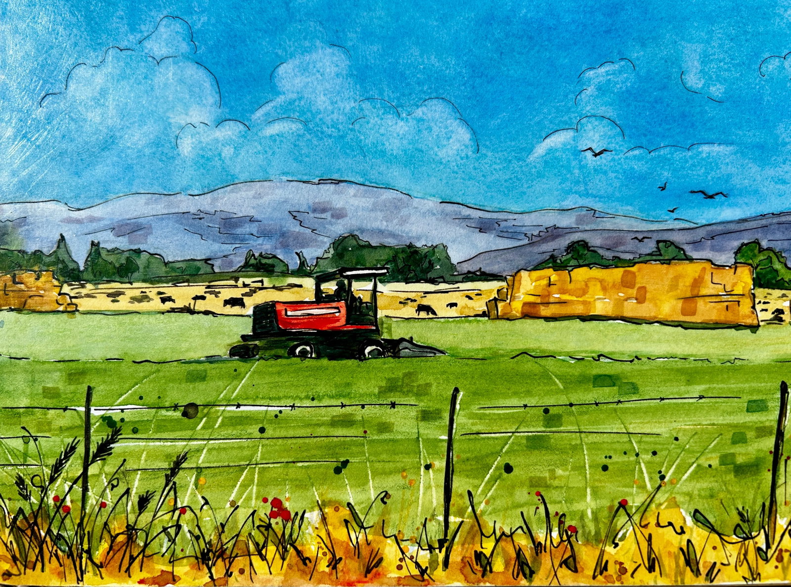 Original Watercolor Painting on Birch Board Rural Farm Scene - 7