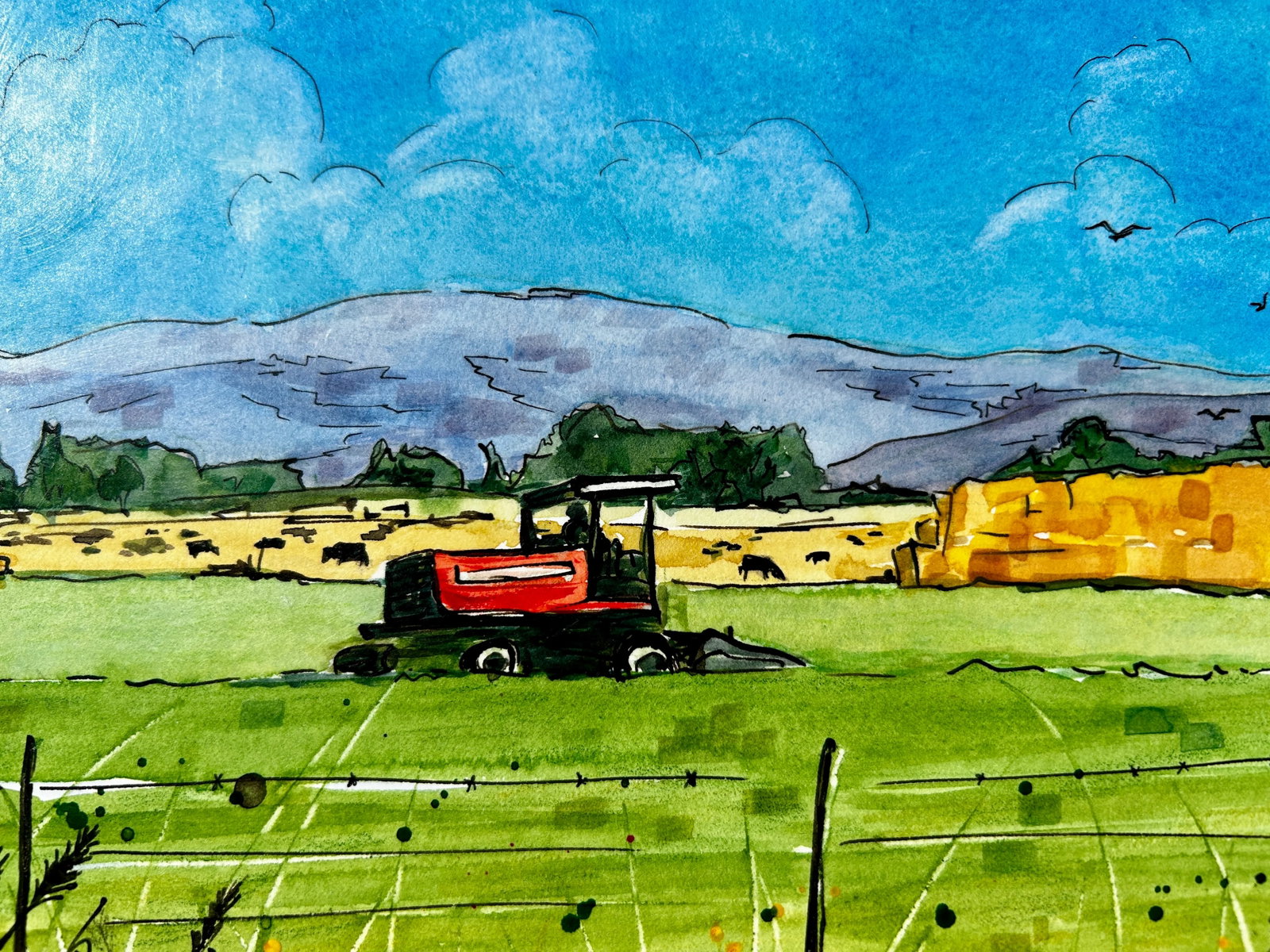 Original Watercolor Painting on Birch Board Rural Farm Scene - 8