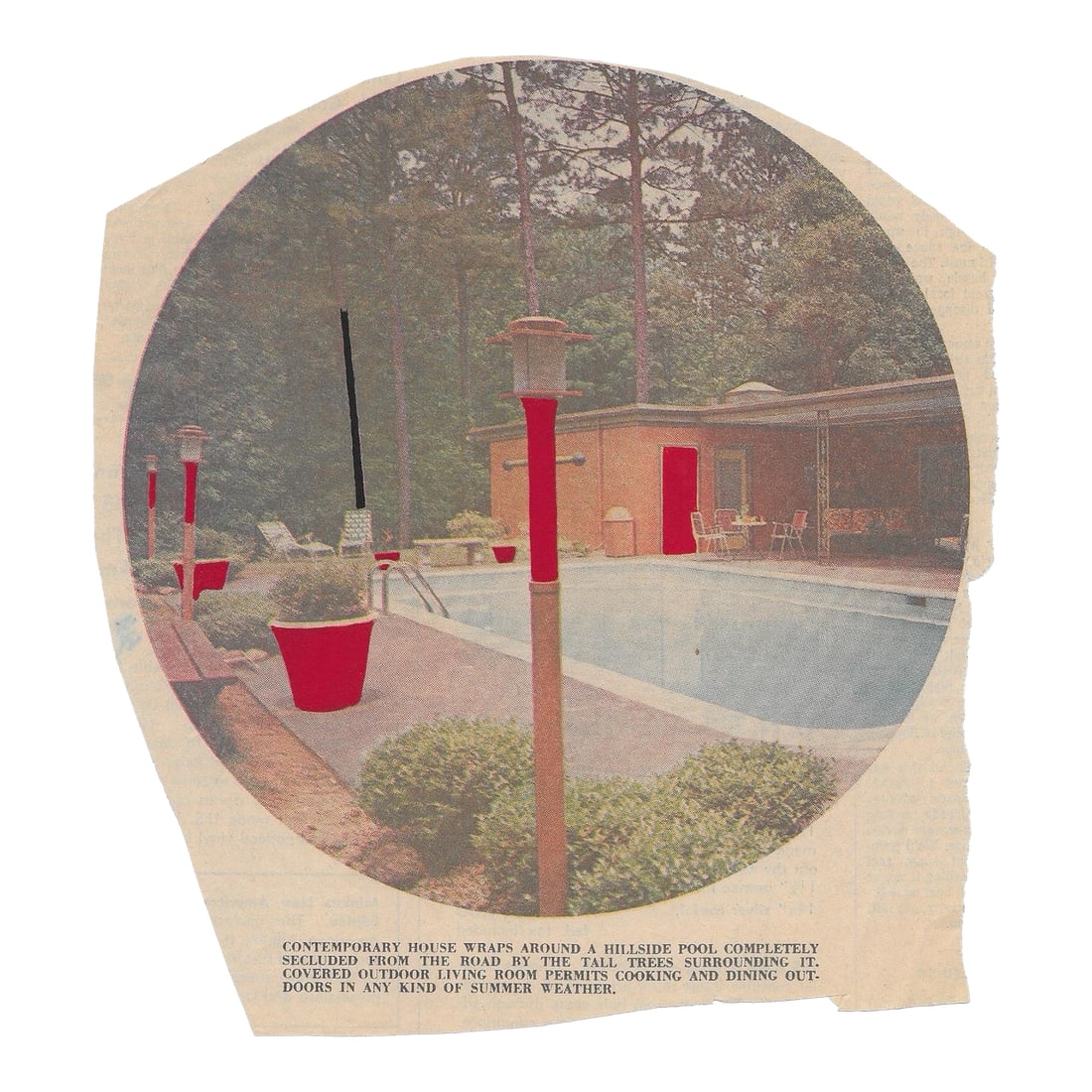 1965 Larry Connatser Pop Art Painting on Newspaper: Red paint on newspaper article photo (probably a page of the Atlanta Journal and Constitution) from the estate of Atlanta self taught artist Laurence Stuart Connatser (1938-1996). Connatser was born