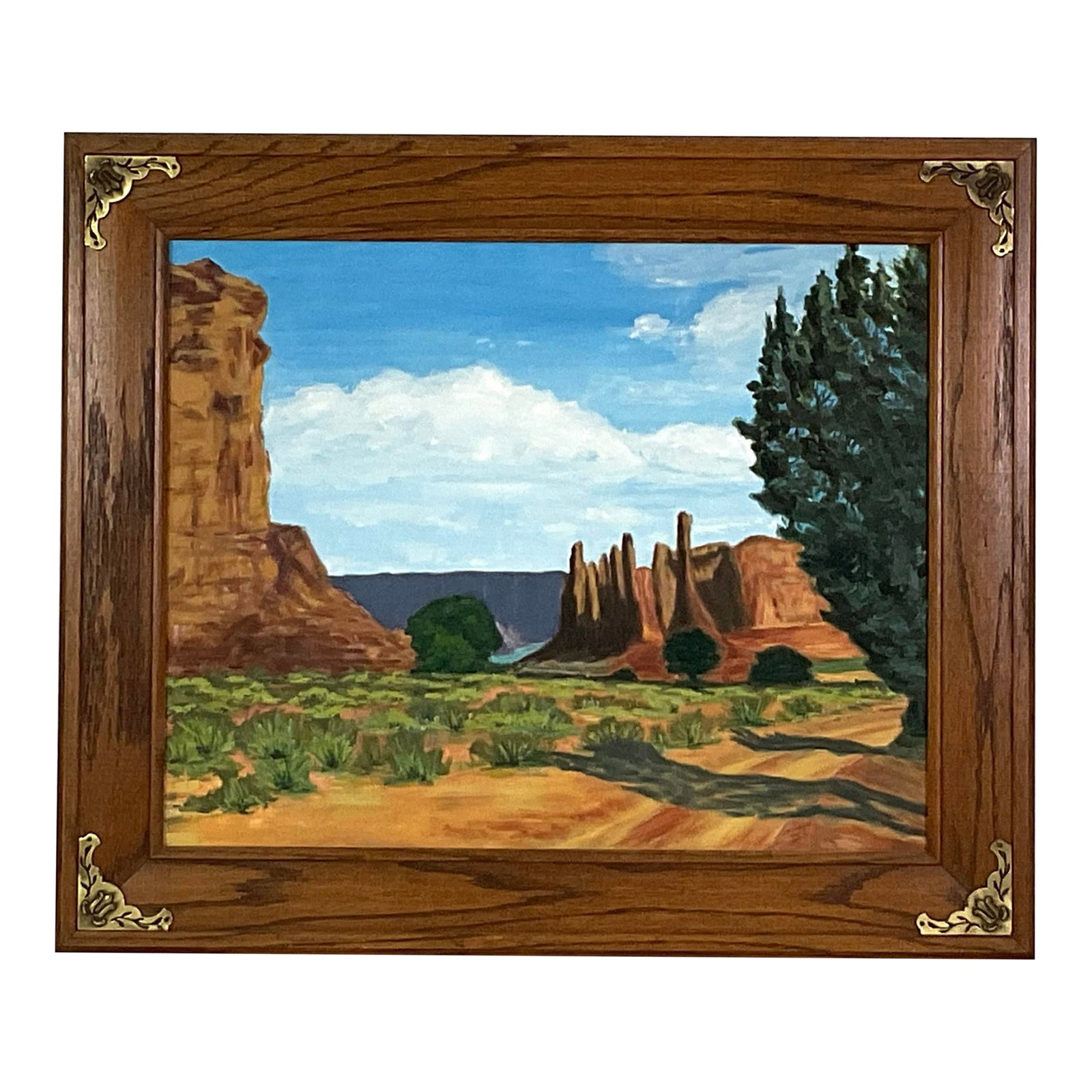 Southwest Landscape-Oil on Board - 22x26-Unsigned: Oil on board-mid-century Southwest landscape Unsigned Painting size 16 x 20 Set in a dark out frame -finish size - 22 x 26 Condition: Alterations: Original Condition Unaltered Imperfections: Some Impe
