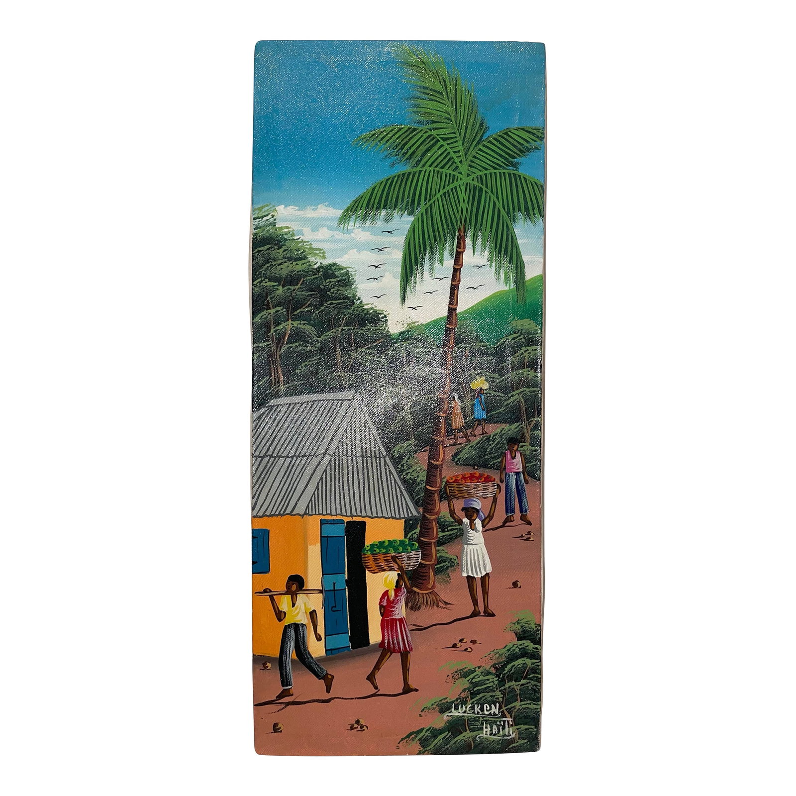 Oil Painting Folk Art From Haiti by Lucken: Oil Painting Folk Art From Haiti by Lucken 8" x 20" Beautiful expression of the daily life of our beloved Haiti by Lucken Condition: Alterations: Original Condition Unaltered Imperfections: Some