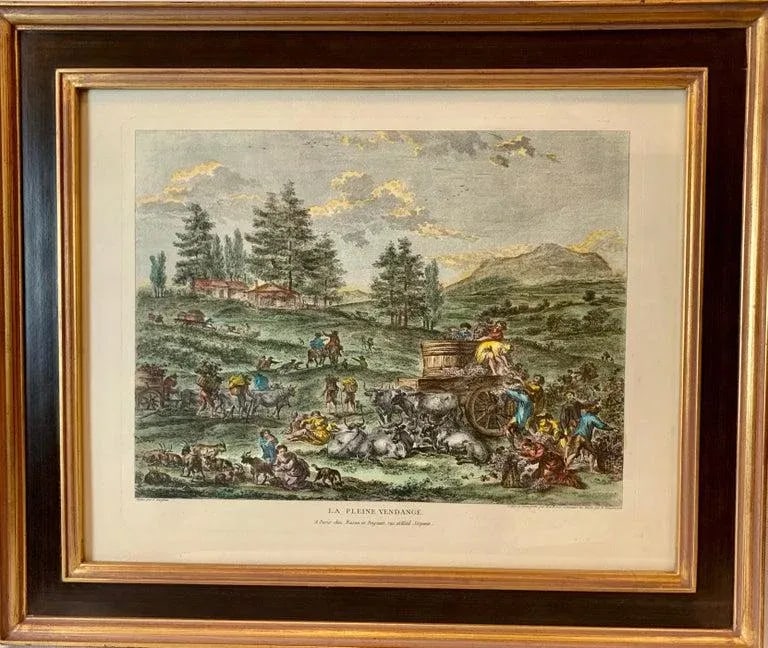 Hand Watercolored Print "La Pleine Vendange" Depicting the Grape Harvest-Framed - 8
