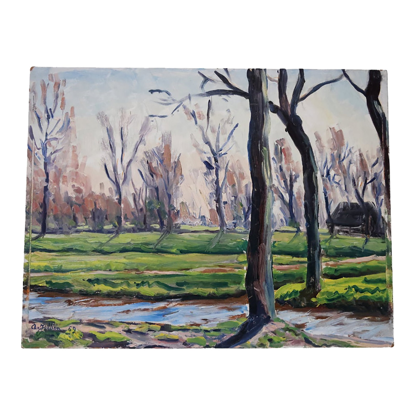 Mid-20th Century French Forrest Meadow Painting: This mid-20th century French forest meadow painting captures the gentle beauty of an open clearing nestled within a wooded landscape. With a soft, natural palette and a focus on light and texture, the