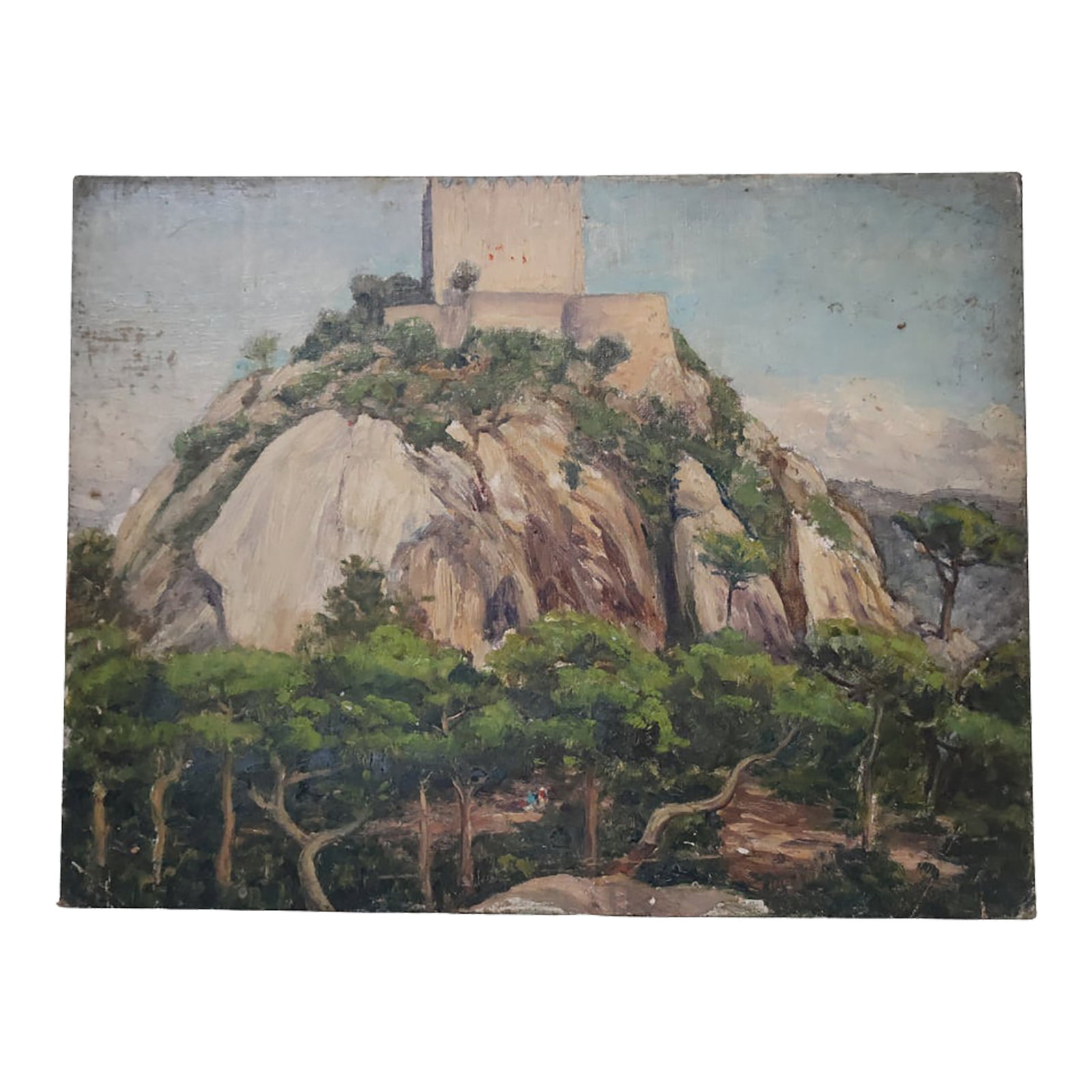 Mid-20th Century French Fortress Painting: This mid-20th century French fortress painting presents a commanding yet contemplative view of historic architecture set against a timeless landscape. With its strong lines and subtle tones, the
