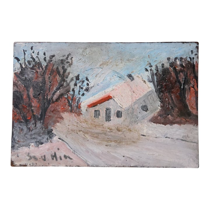 Mid-20th Century French House in Snow Painting: This mid-20th century French house in snow painting depicts a quiet, wintry scene where a solitary home rests peacefully beneath a blanket of snow. The muted tones and soft textures convey a sense of
