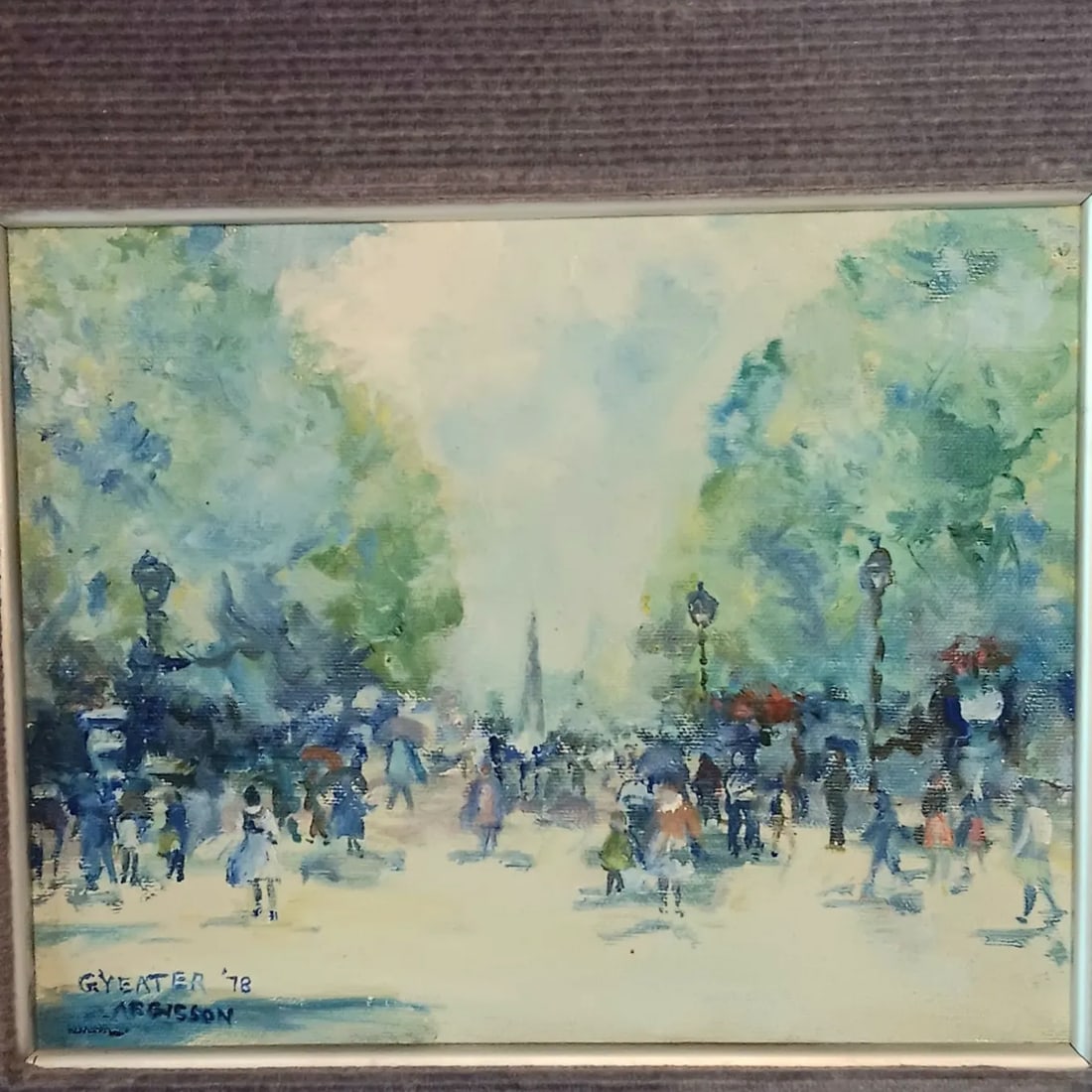 VTG Street Scene #2 Impressonist Painting Purple Velvet Matt Silver Frame 1978 - 2