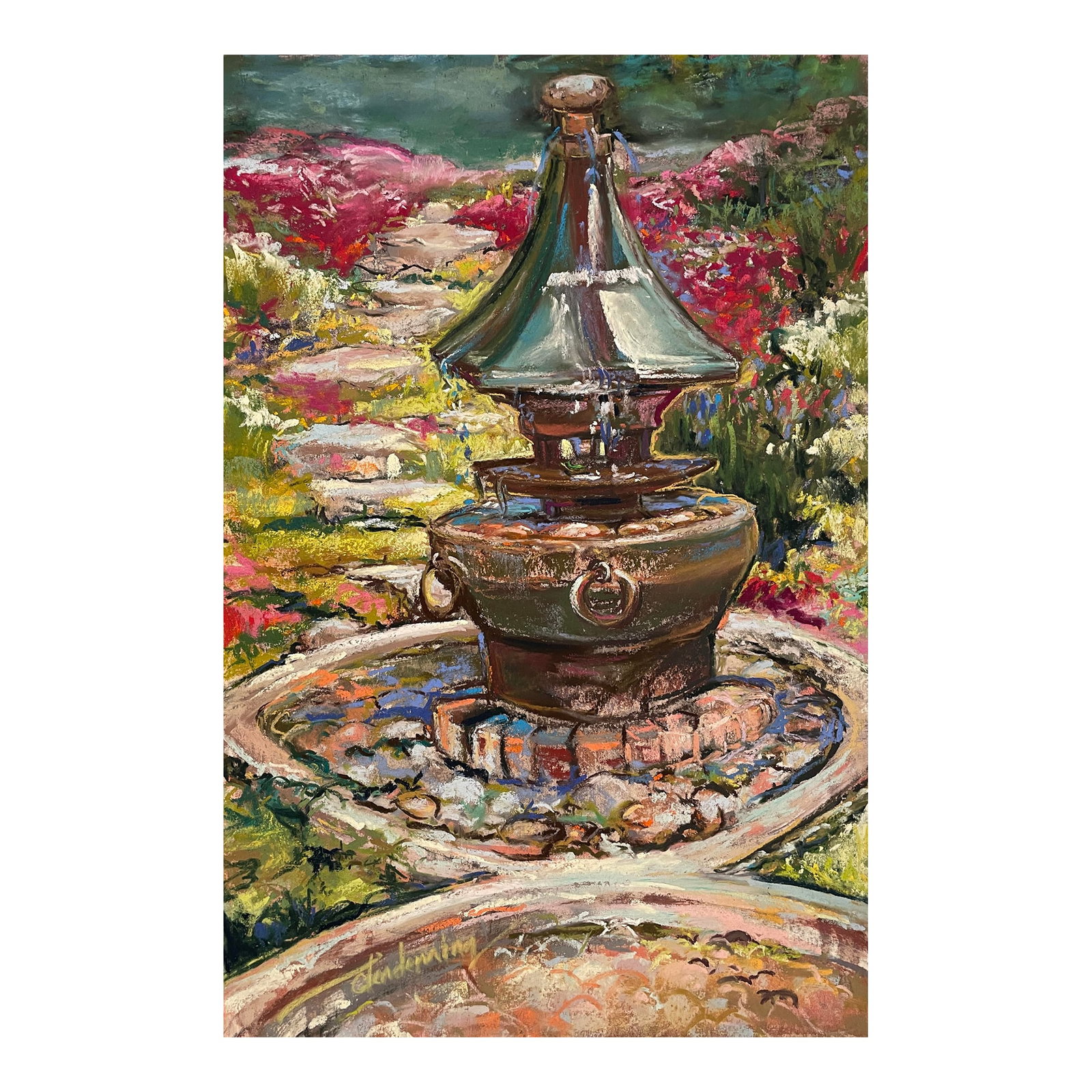 Susan Glendenning Garden Impressionist Pastel: Impressionist pastel on heavy paper by Washington State artist Susan Flora Glendenning (born 1948.) Signed lower left. Glendenning was born in Virginia and trained at Meredith College in Raleigh,