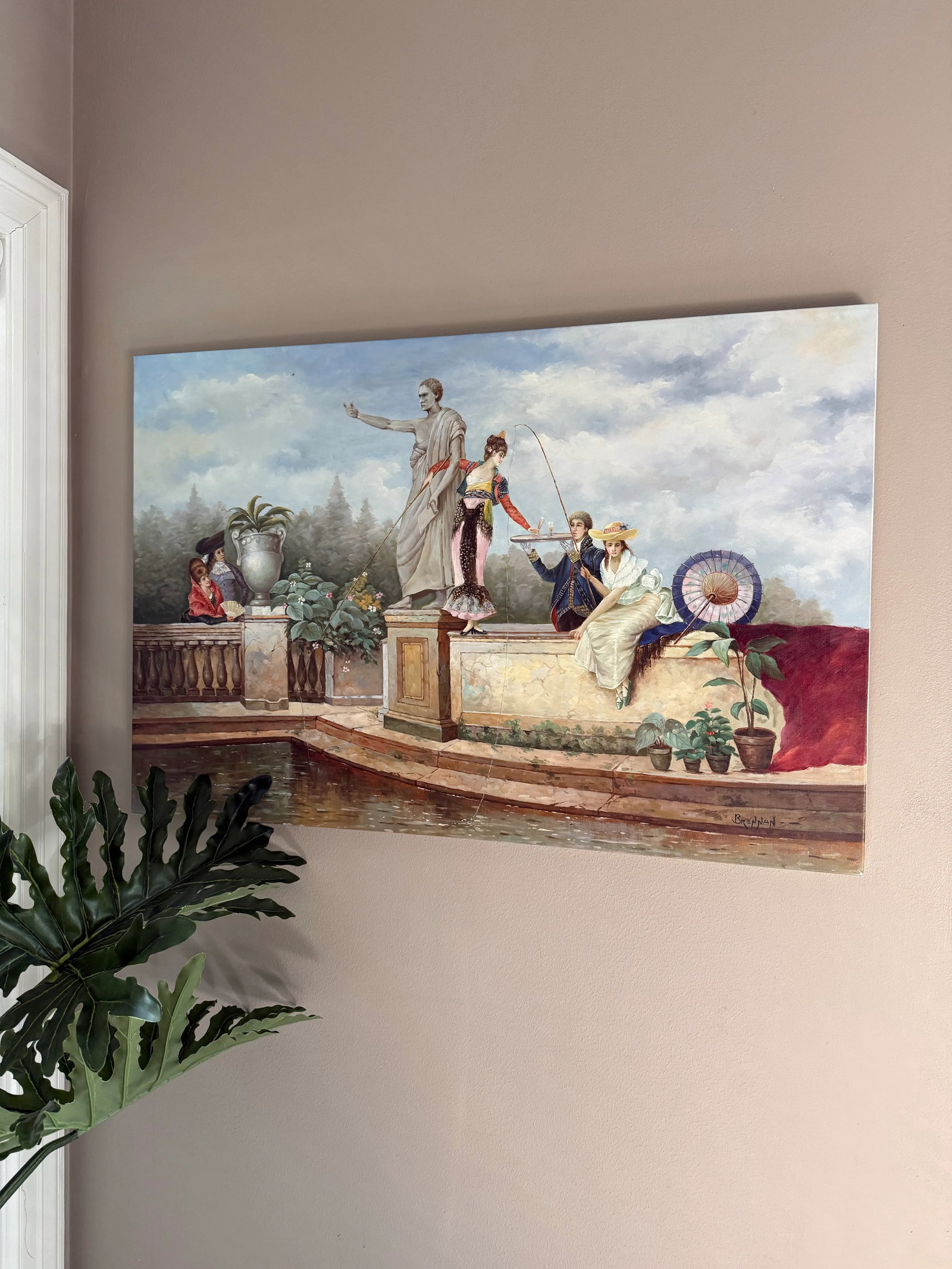 Late 20th Century Classical Victorian Painting of Figures by a Fountain - 2