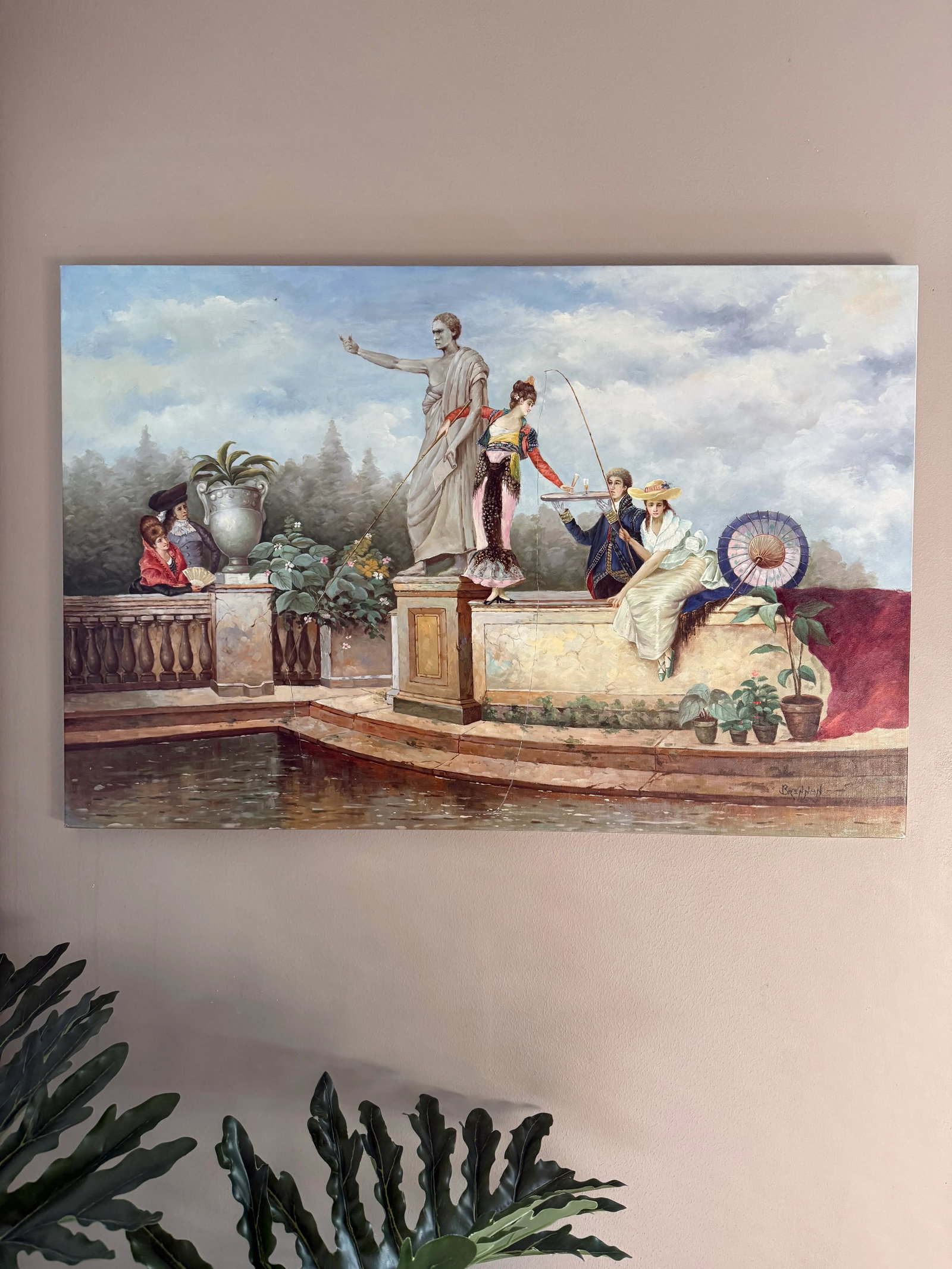 Late 20th Century Classical Victorian Painting of Figures by a Fountain - 3