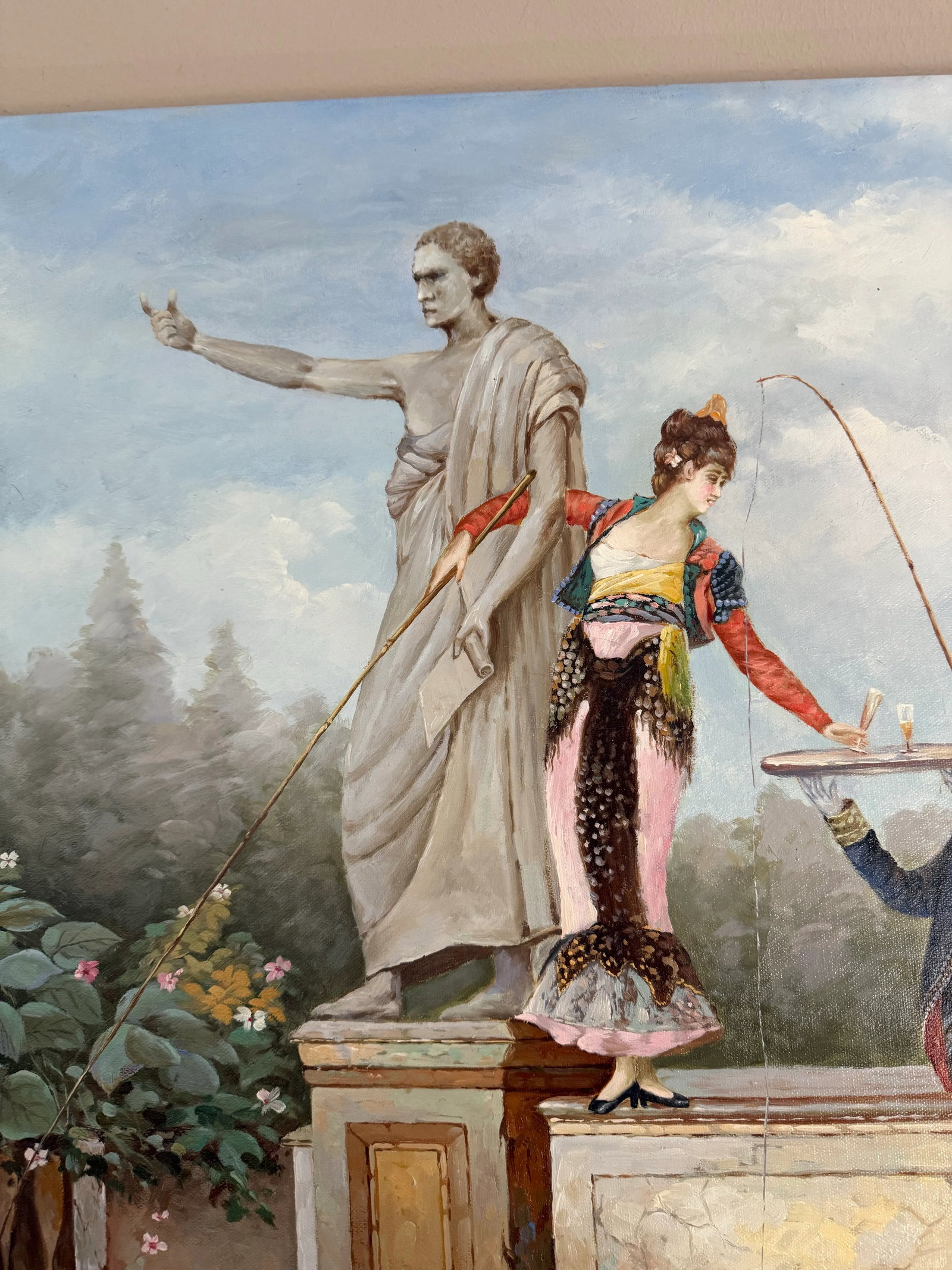 Late 20th Century Classical Victorian Painting of Figures by a Fountain - 4