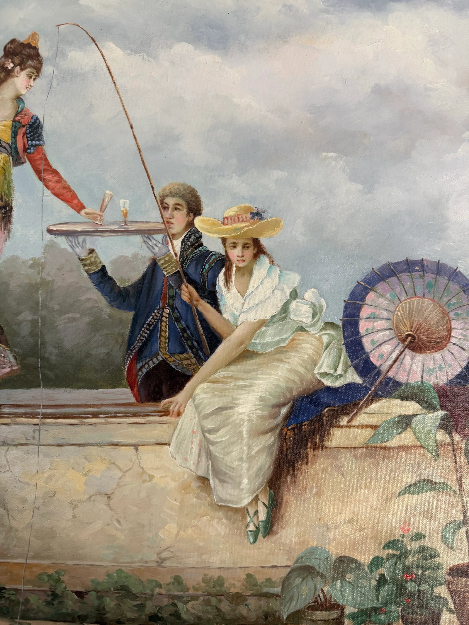 Late 20th Century Classical Victorian Painting of Figures by a Fountain - 5