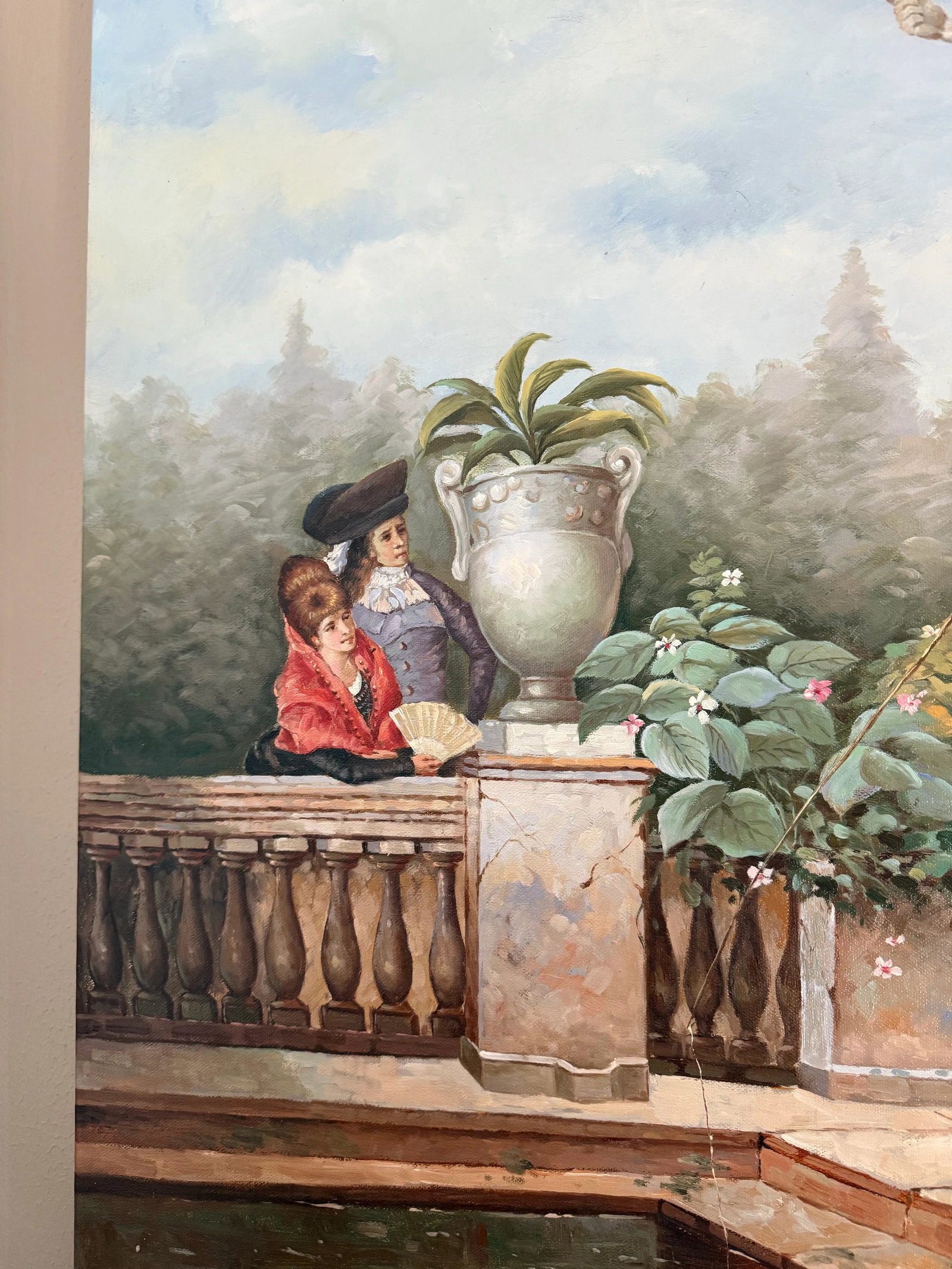Late 20th Century Classical Victorian Painting of Figures by a Fountain - 6