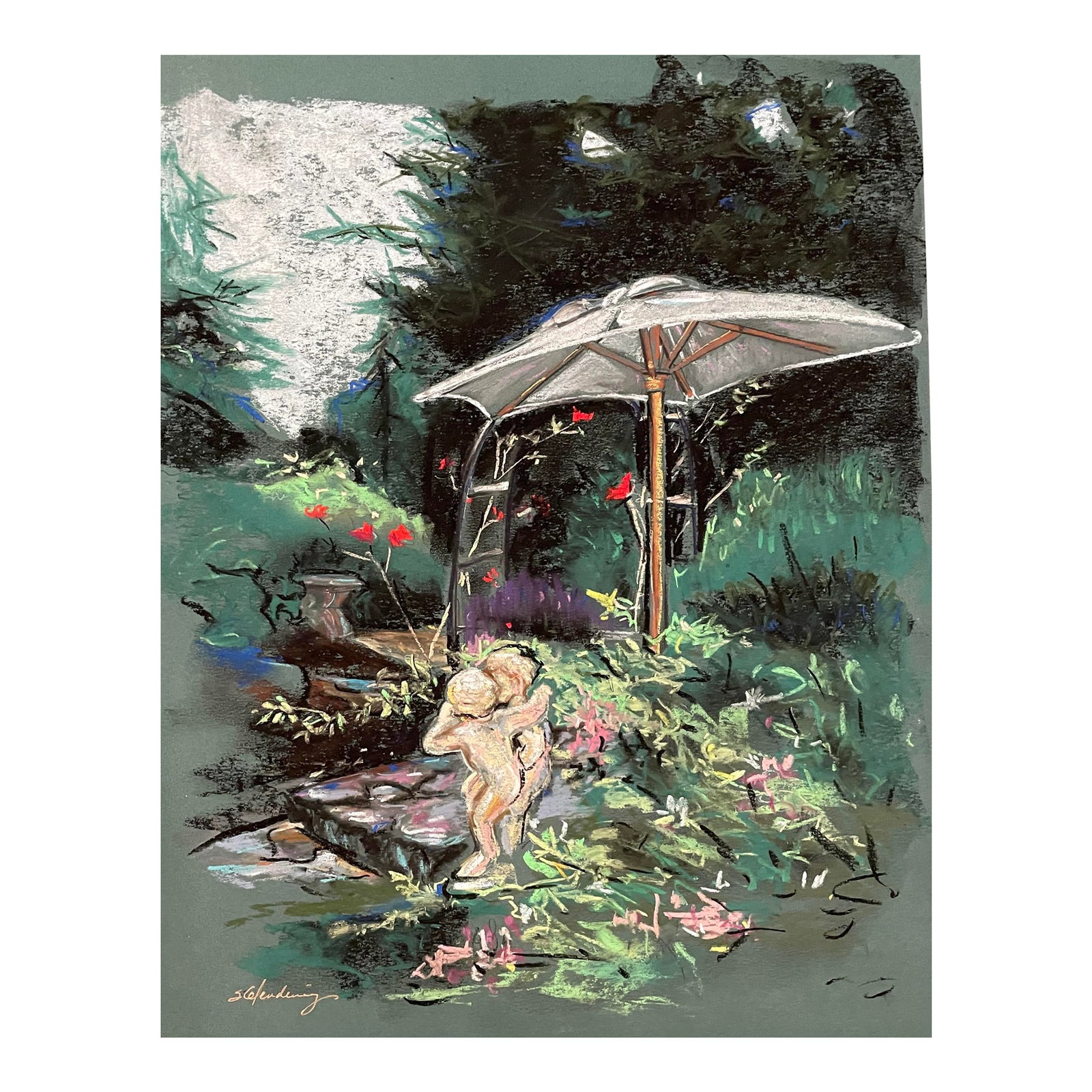 Impressionist Garden Pastel by Susan Glendenning: impressionist pastel on heavy paper by Washington State artist Susan Flora Glendenning (born 1948.) Signed lower left, probably a Pacific Northwest garden. Glendenning was born in Virginia and
