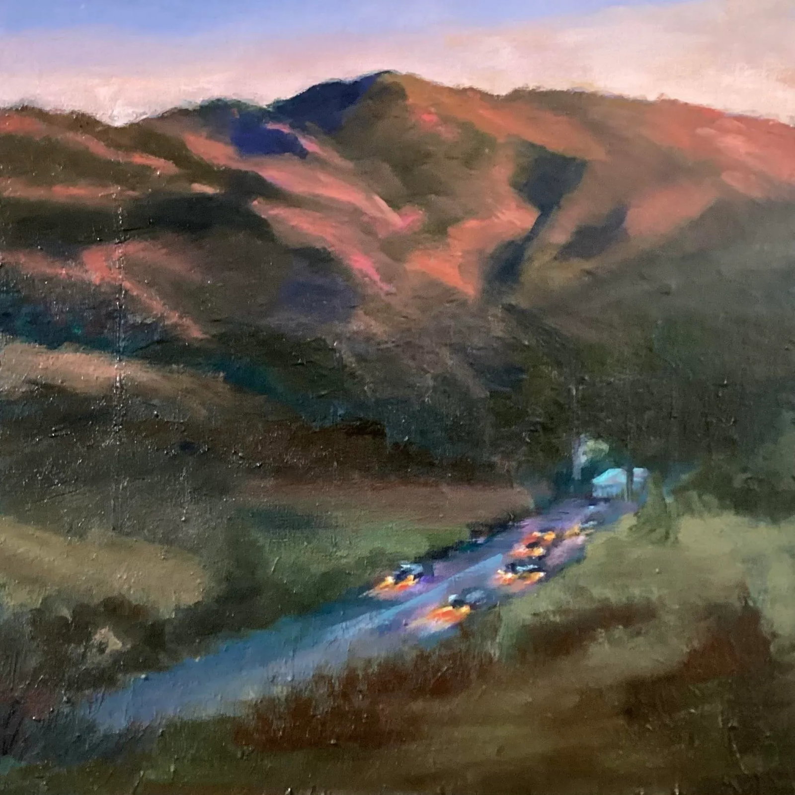 Original Oil Fine Art Painting: During the winter months nearing dusk, rich colors come alive. It's a perfect time to be returning from a hike to capture this fleeting vastness of vivid, glowing colors. Condition: Imperfections: No