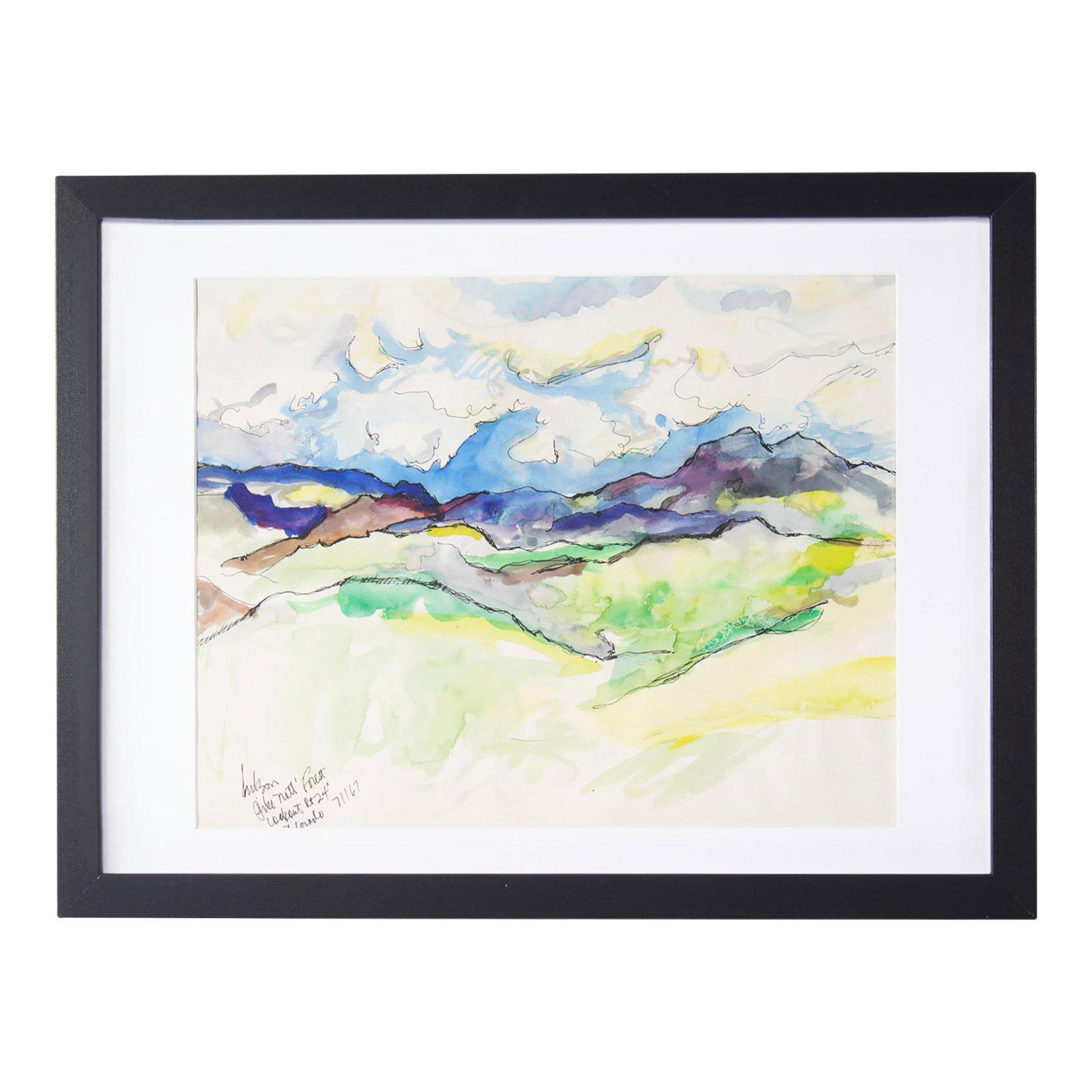 1967 Watercolor and Ink Painting of Pike National Forest by Harry Hilson: A 1967 watercolor and ink painting by the American artist Harry Hilson (1935-2004). Signed and dated to the lower left, the painting has with a note that reads "Pike Nat'l Forest" and "Colorado 7 11 6