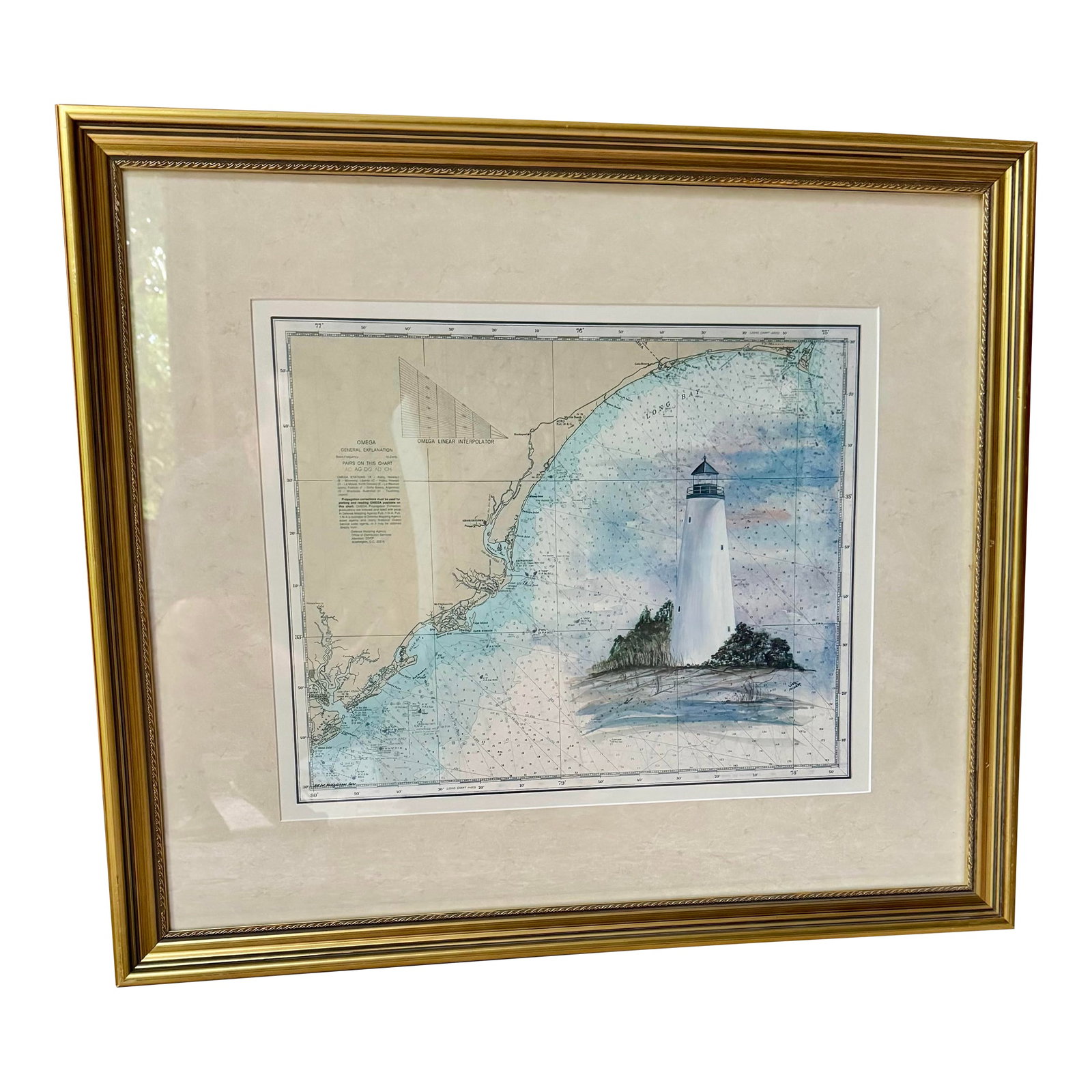 Long Bay Lighthouse Watercoor Painting Over Long Bay Nautical Chart - By Lila Miller: This is a stunning watercolor paining of Long Bay lighthouse that has been painted on an actural nautical chart of Long Bay, South Carolina. The artist enhances the lighthouse drawing by adding