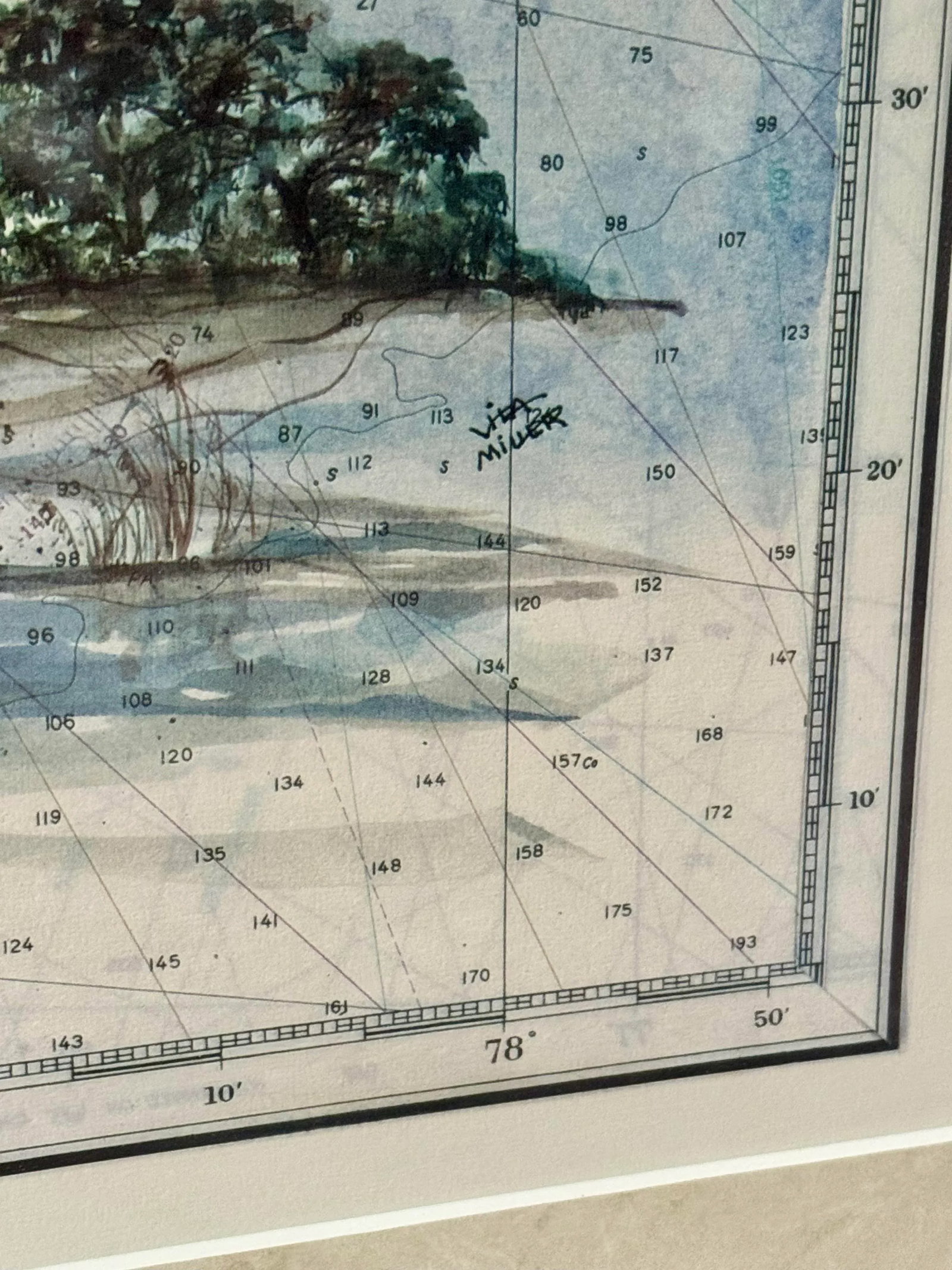 Long Bay Lighthouse Watercoor Painting Over Long Bay Nautical Chart - By Lila Miller - 2