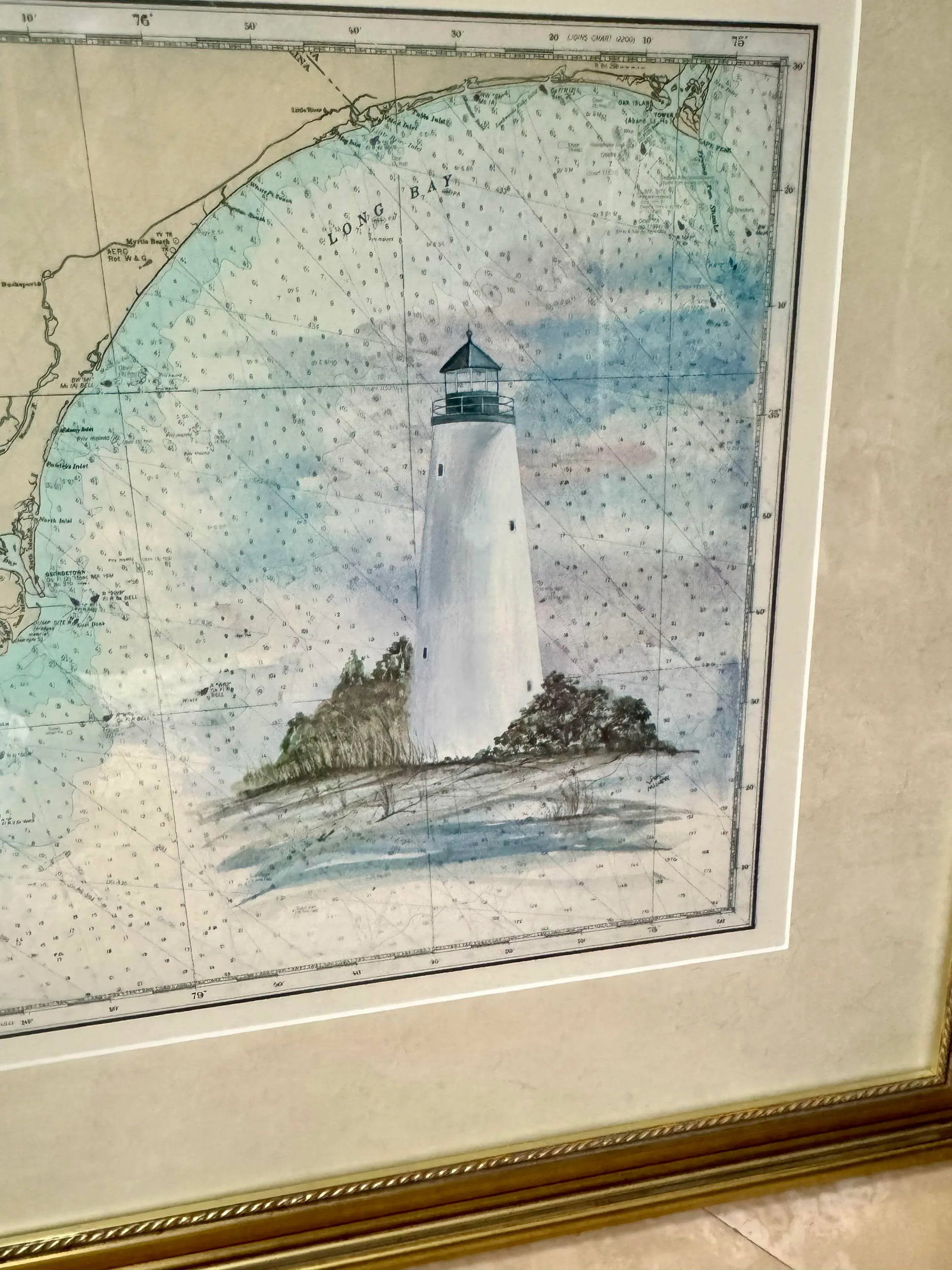 Long Bay Lighthouse Watercoor Painting Over Long Bay Nautical Chart - By Lila Miller - 4