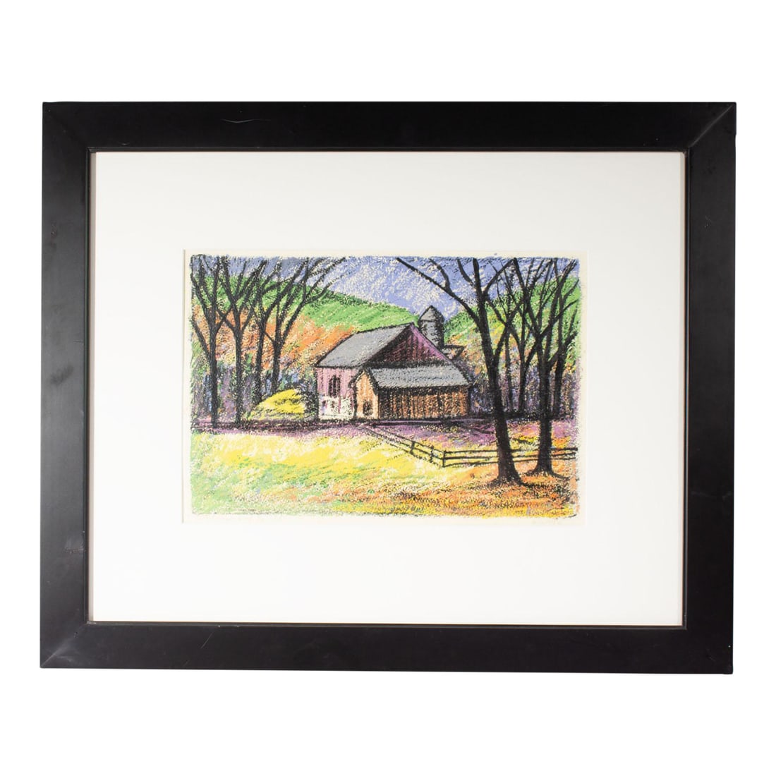1955 "Autumn Day" Limited Edition Print by G. Lepple: A 1955 limited edition print by artist G. Lepple. Titled "Autumn Day," this print depicts a barn on an autumn day surrounded by trees who have lost their leaves amidst a green, orange, and purple