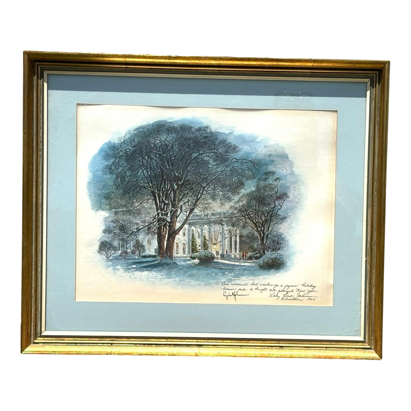 1966 Lyndon B. & Lady Bird Johnson Signed Original White House at Christmas Framed Painting: This painting by Robert Laessig A.W.S., depicting the White House at Christmas, was given to a white House correspondent in 1966 as a Christmas gift. It is dedicated and signed by President Lyndon B.