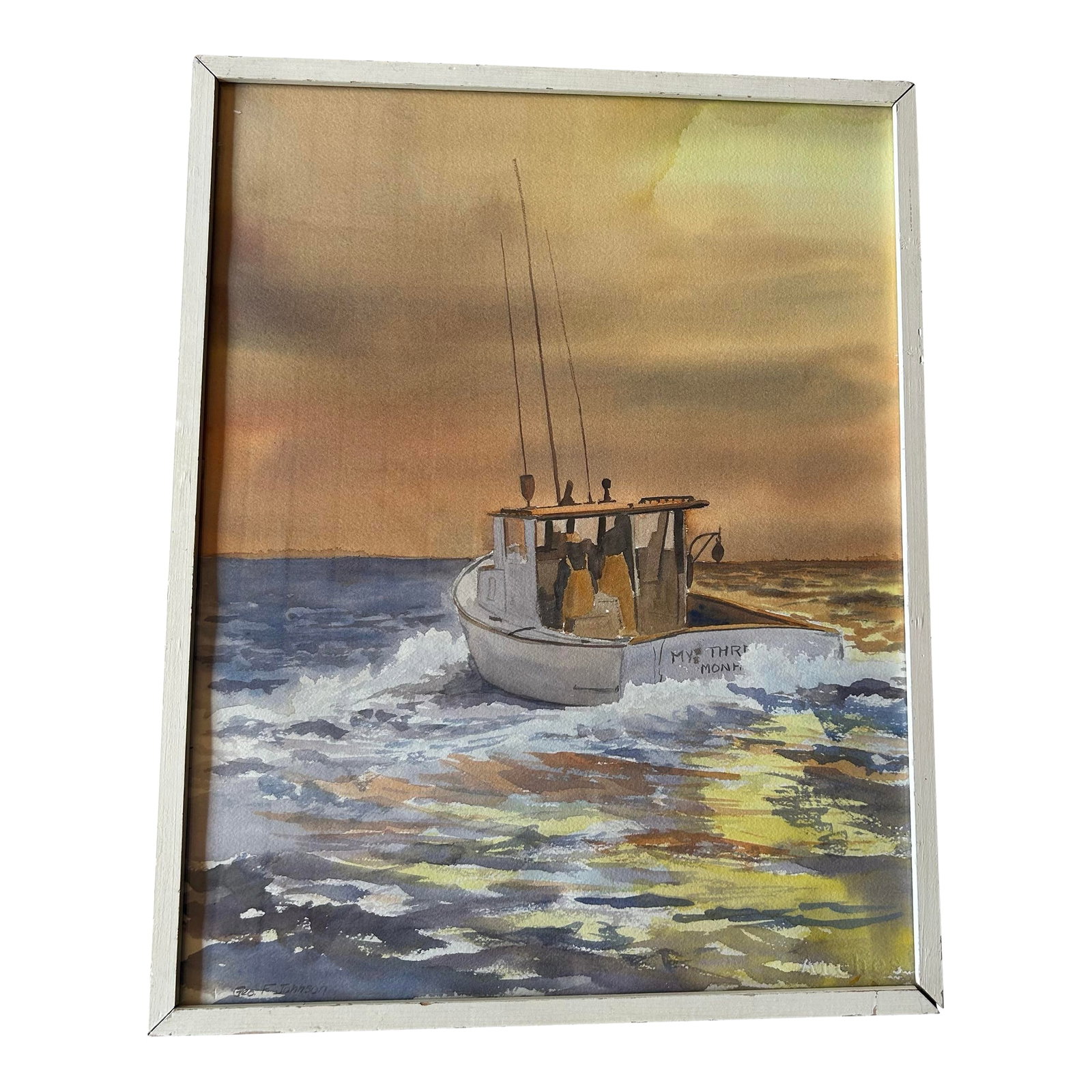 1970s Original Sailing Fishing at Sunset Watercolor Signed by Geo F Johnson, Framed: Beautiful sailing fishing boat watercolor. Either a sunrise or sunset scene. The sky and water reflection are stunning in orange and yellows. The painting is original and signed by Geo F. Johnson. It