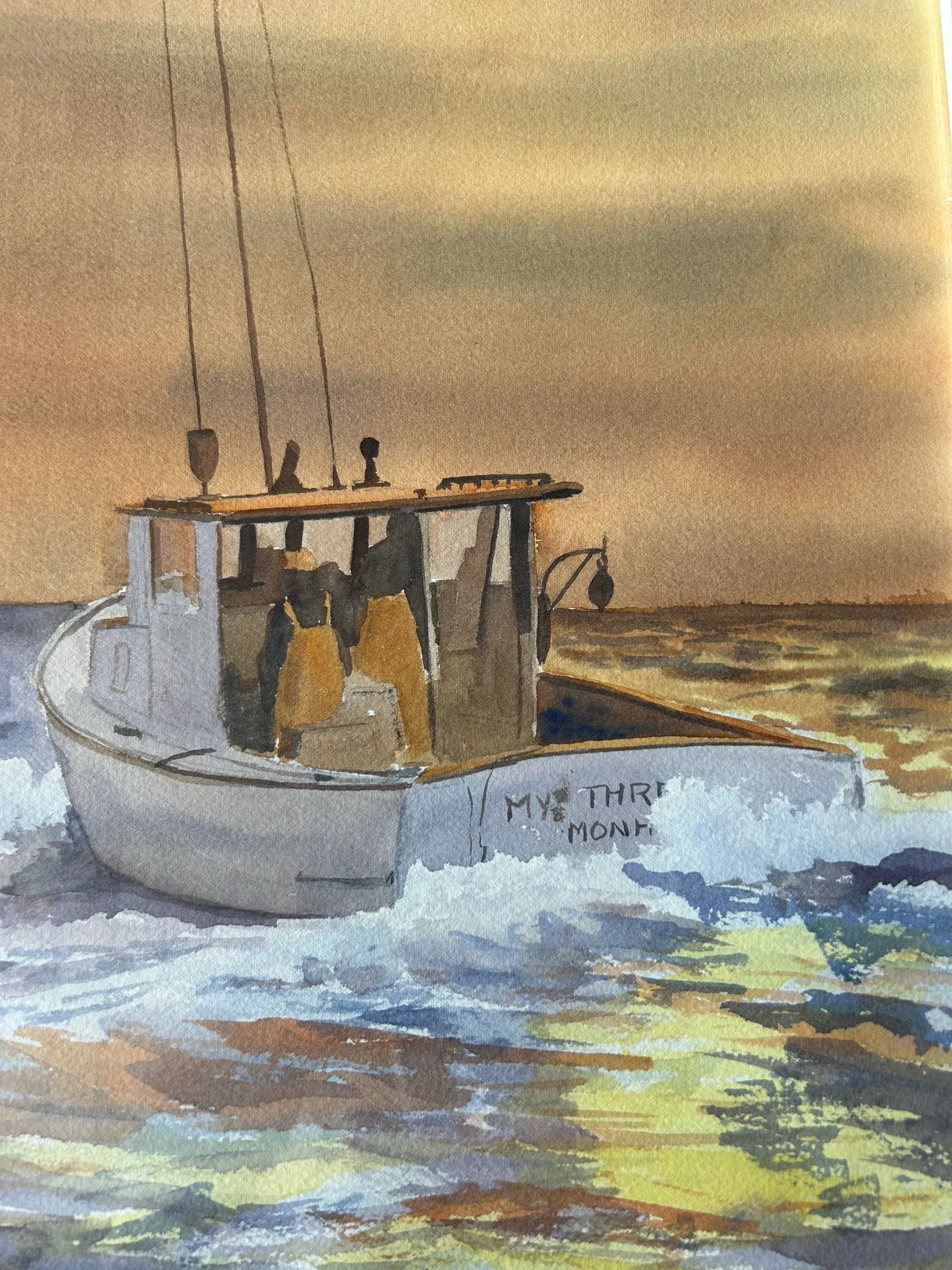 1970s Original Sailing Fishing at Sunset Watercolor Signed by Geo F Johnson, Framed - 2