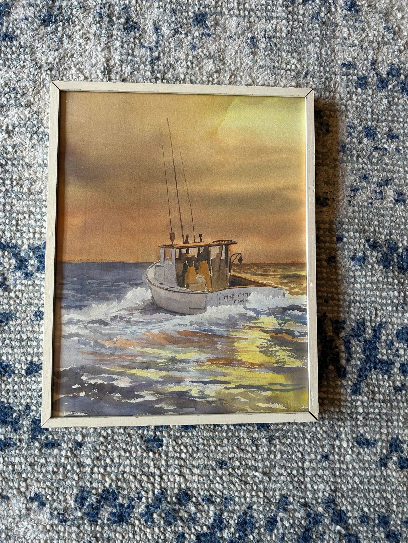 1970s Original Sailing Fishing at Sunset Watercolor Signed by Geo F Johnson, Framed - 6