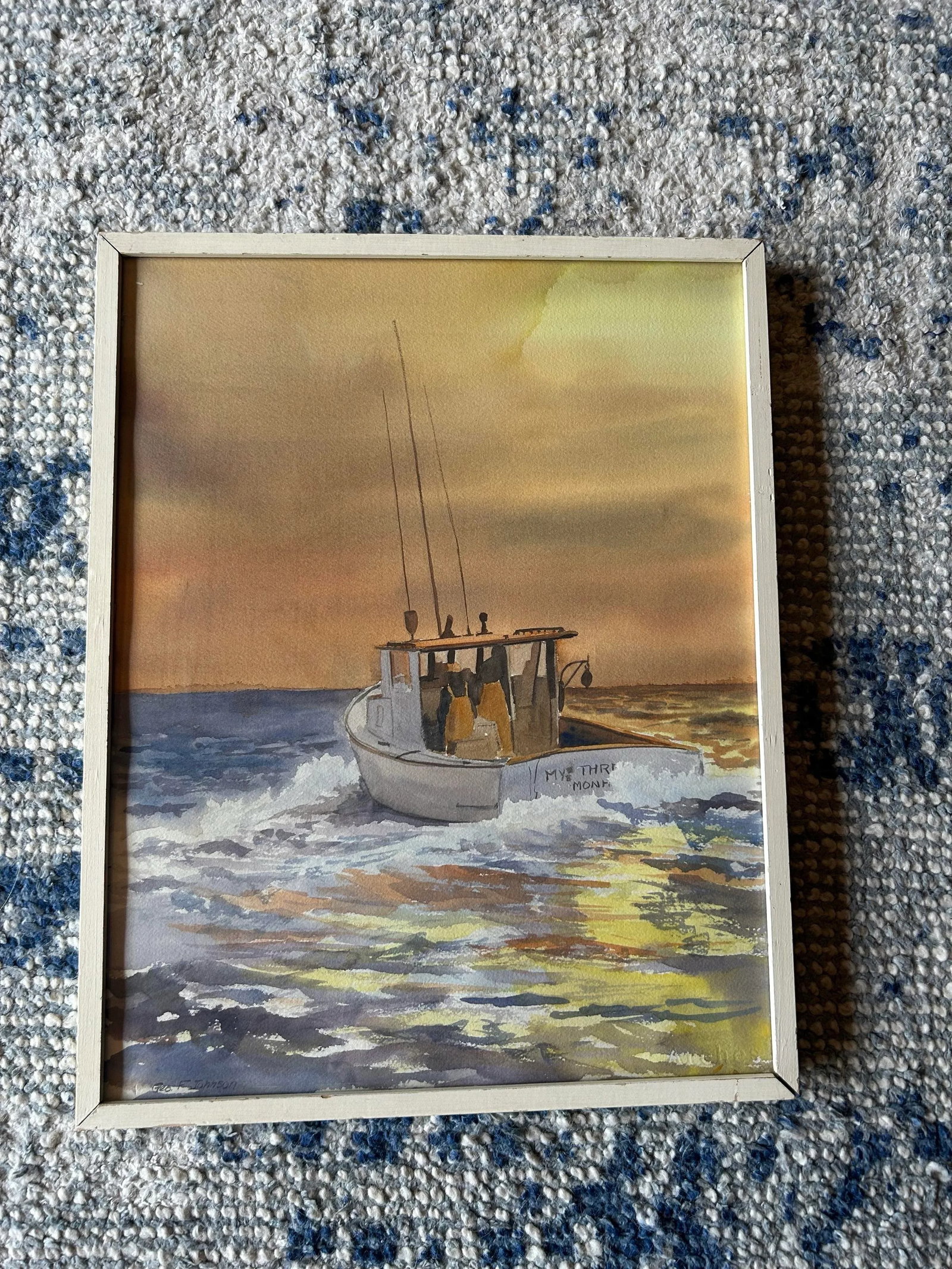 1970s Original Sailing Fishing at Sunset Watercolor Signed by Geo F Johnson, Framed - 7