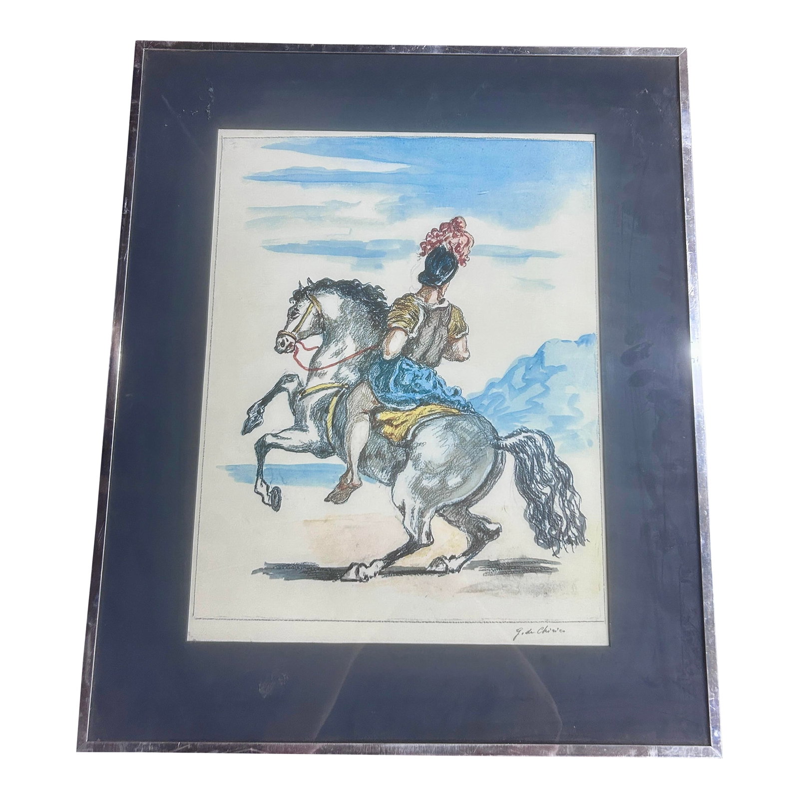 Vintage Giorgio De Chirico Giorgio De Chirico (1888-1978) - Il Cavaliere Solitario - Color Lithograp: Vintage Framed Print of Giorgio De Chirico Giorgio De Chirico (1888-1978) - Il Cavaliere Solitario - Color Lithograph. Acquired from an auction in Texas in 2019. Condition: Alterations: Original