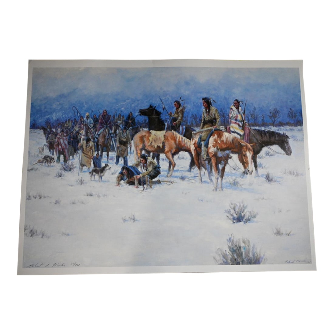 "Winter Retreat" Limited Edition Print by Robert A. Winter, 1990: Experience the solemn beauty of a Native American winter journey in "Winter Retreat" by Western artist Robert A. Winter. This striking limited edition lithograph (#65/950) from 1990 captures a