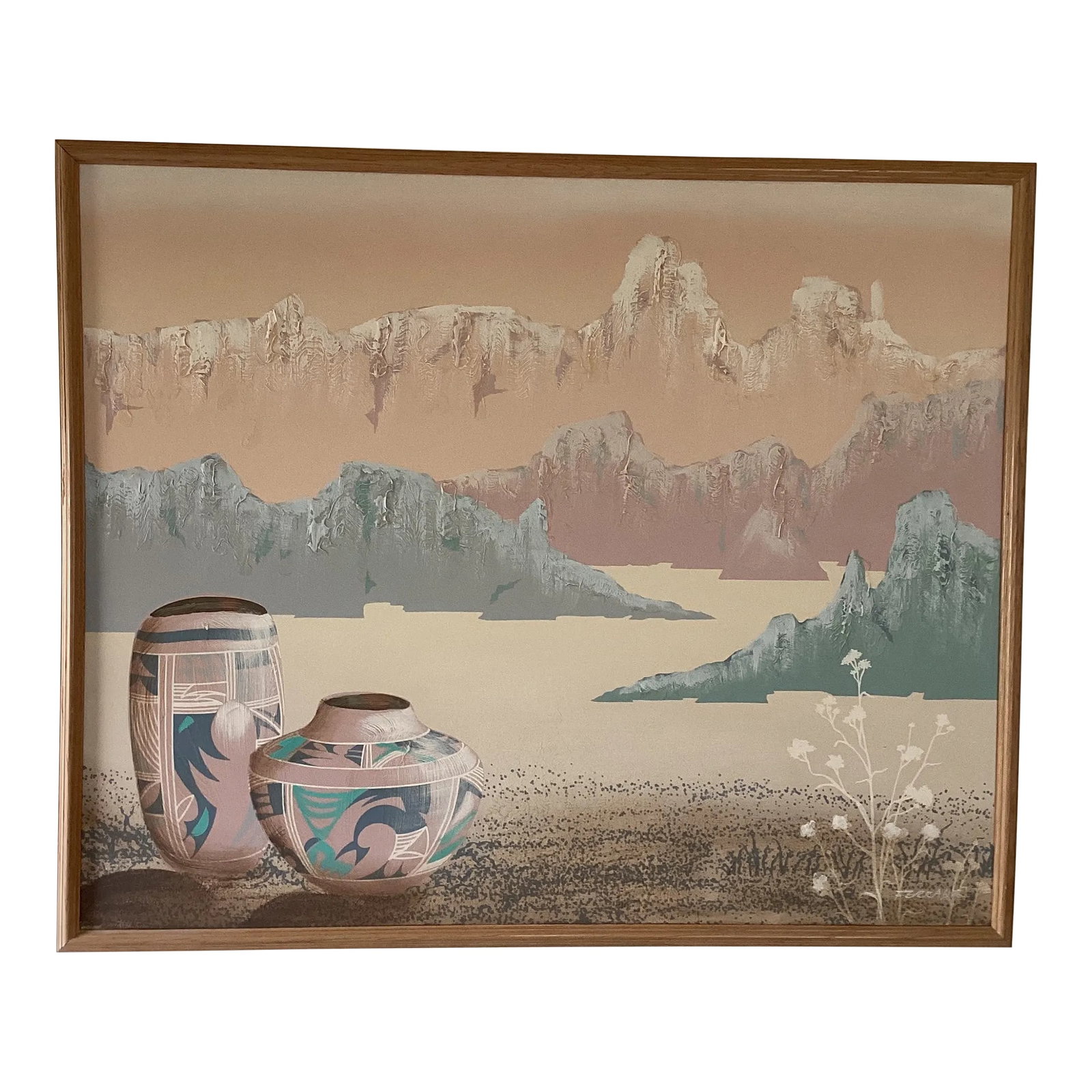 Mid 20th Century Vintage Southwestern Style Landscape and Pottery Painting by American Artist Frank: The product is a large painting by American artist Frank Ferrante, featuring a Southwestern style landscape. Created with oil painting technique on canvas, this artwork showcases the artist's unique p