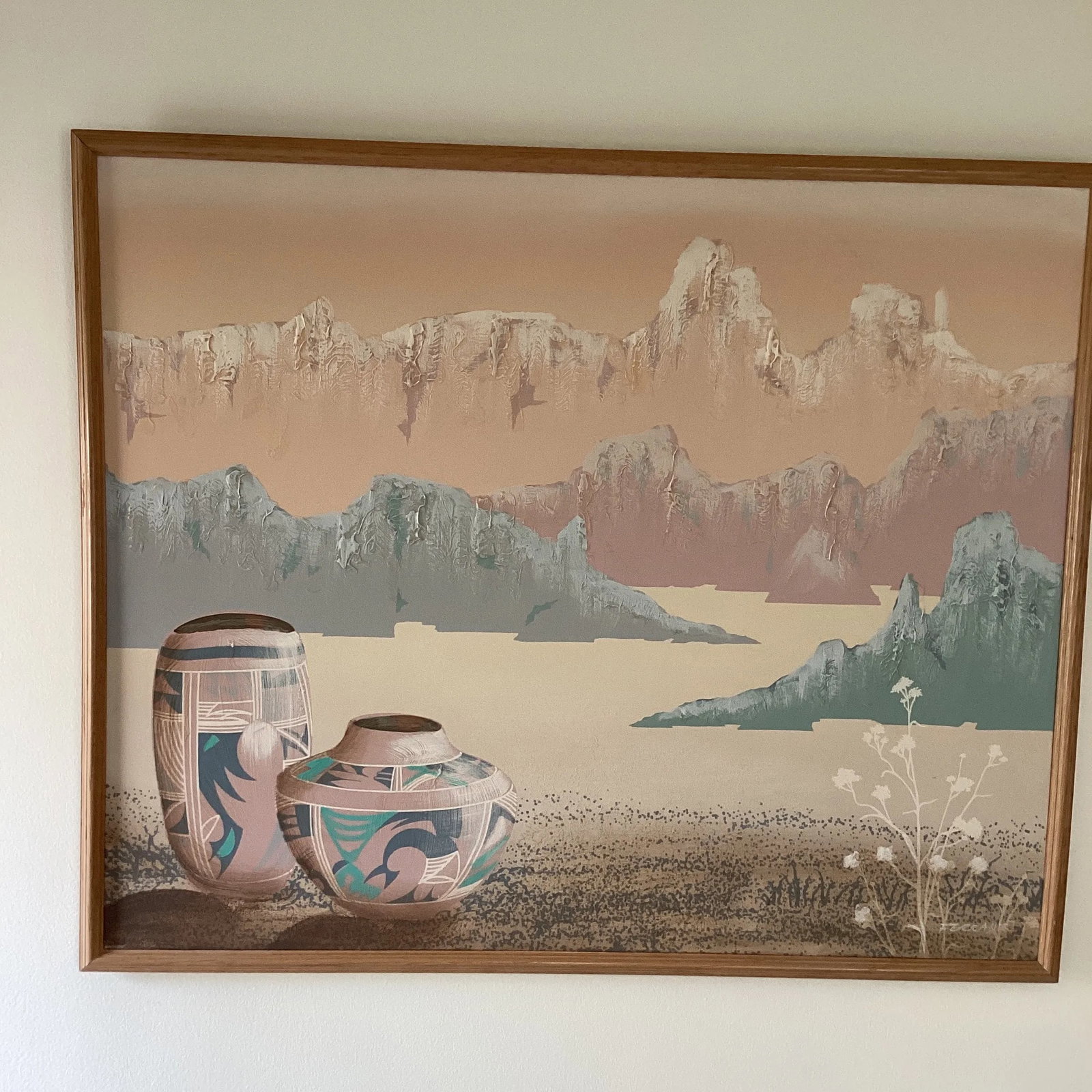Mid 20th Century Vintage Southwestern Style Landscape and Pottery Painting by American Artist Frank - 2