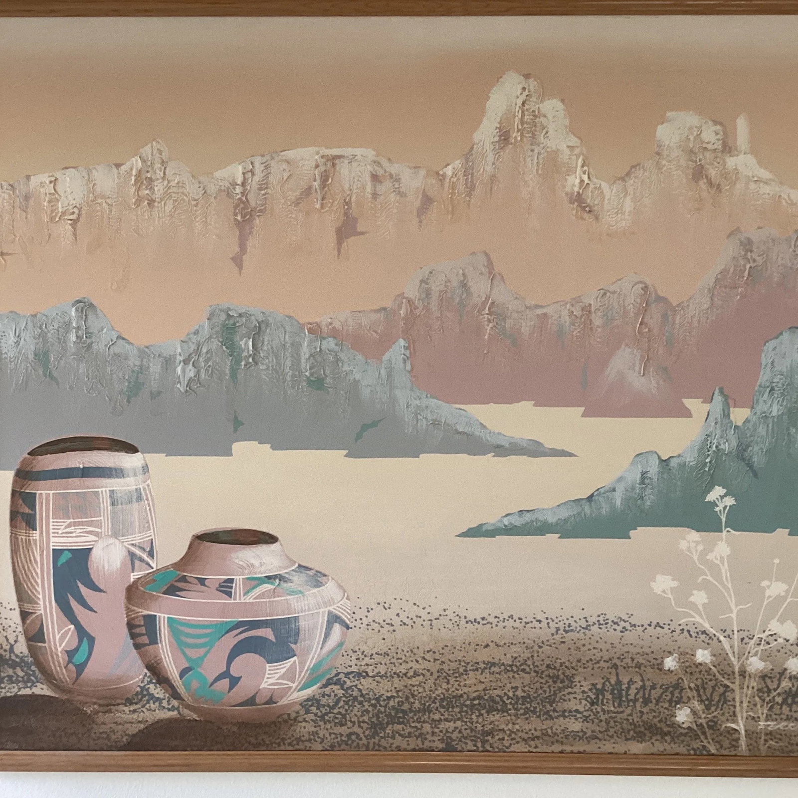 Mid 20th Century Vintage Southwestern Style Landscape and Pottery Painting by American Artist Frank - 3