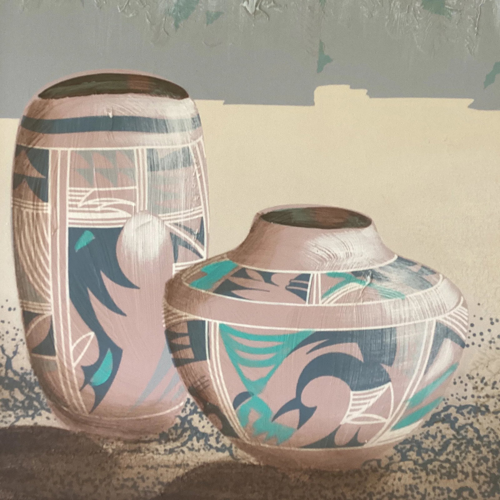 Mid 20th Century Vintage Southwestern Style Landscape and Pottery Painting by American Artist Frank - 4