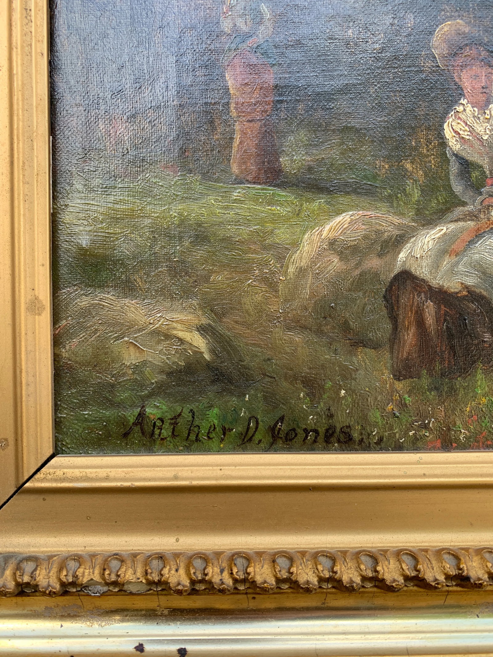 Antique Country Landscape With Three Ladies in a Carved Giltwood Frame - 10