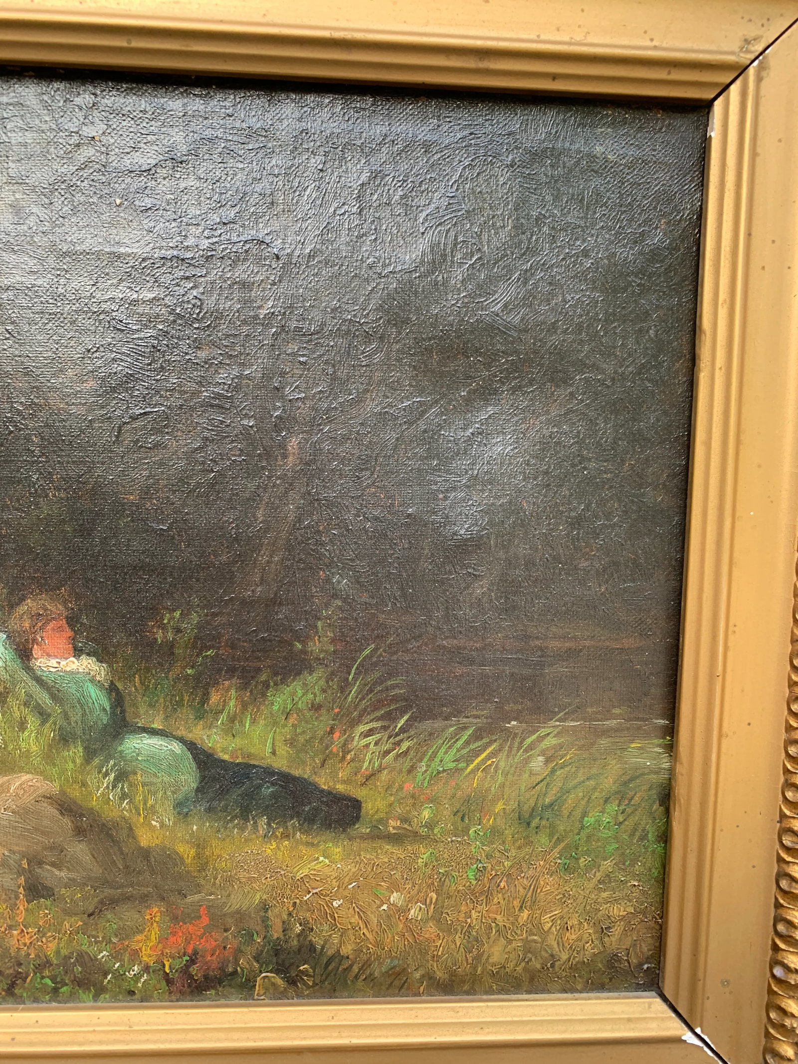Antique Country Landscape With Three Ladies in a Carved Giltwood Frame - 13