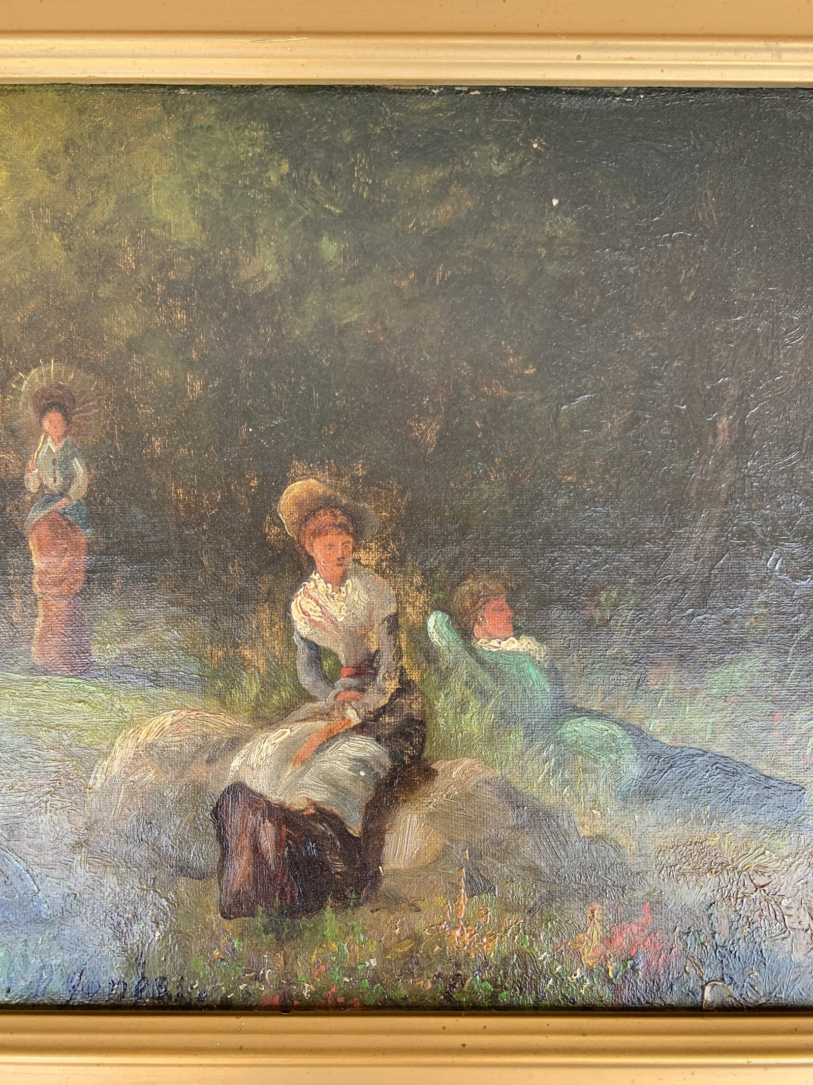 Antique Country Landscape With Three Ladies in a Carved Giltwood Frame - 14