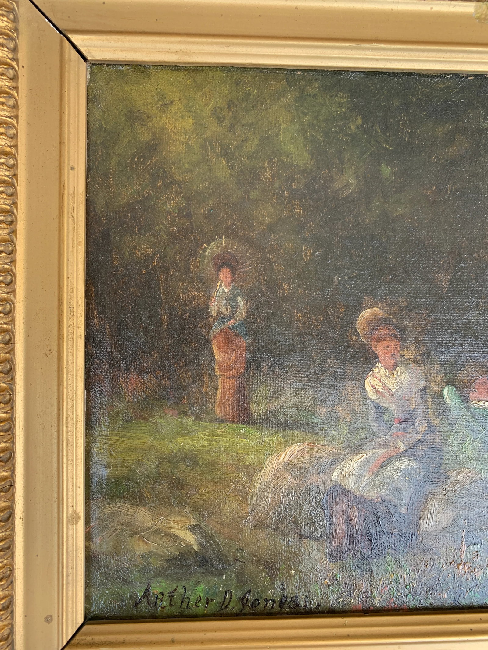 Antique Country Landscape With Three Ladies in a Carved Giltwood Frame - 15